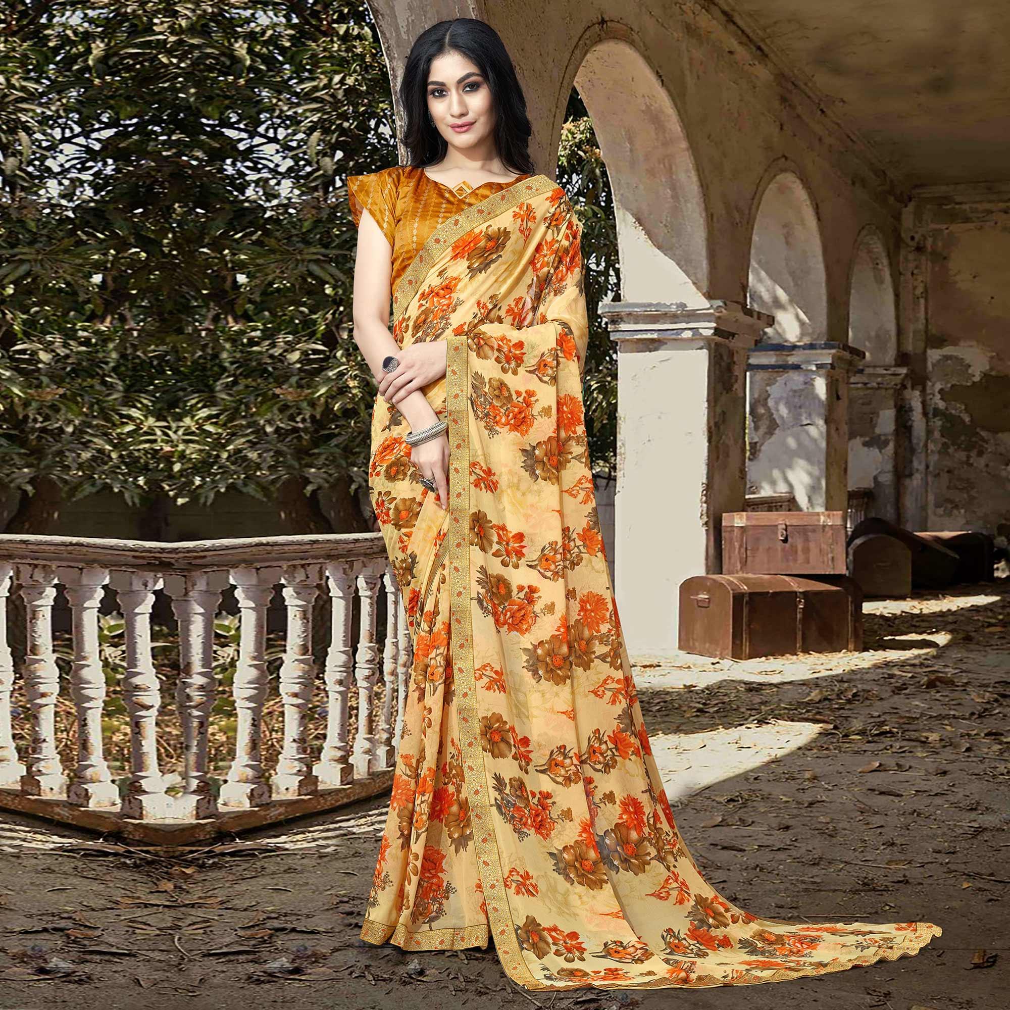 Peachmode Cream Casual Wear Floral Printed Georgette Saree With Lace Border