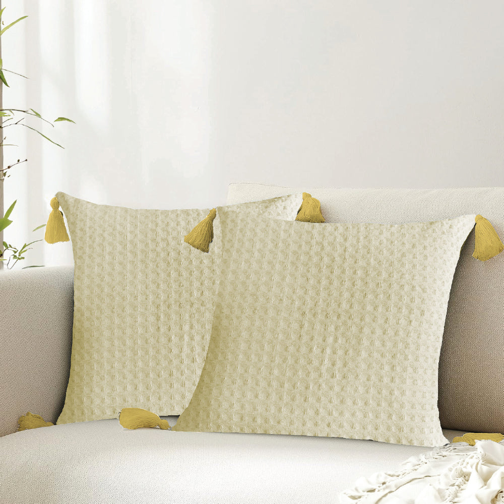 Urban Space Home Furnishing Waffle Cotton Cushion Cover, for Sofa, Bedroom, Living Room - Set of 2 - Waffle Beige