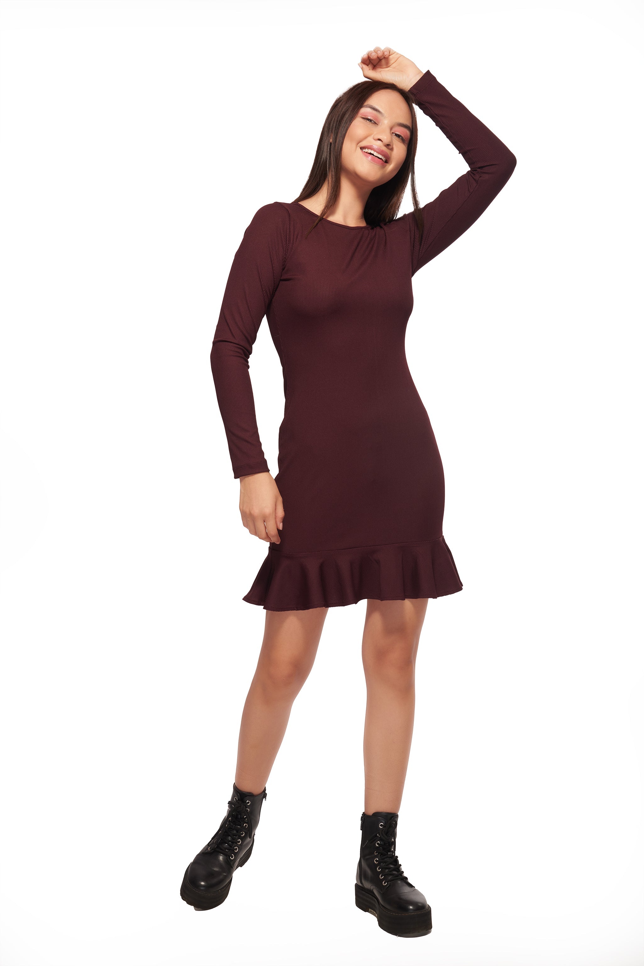 Normcore Wine Ruffle Bottom Straight Dress