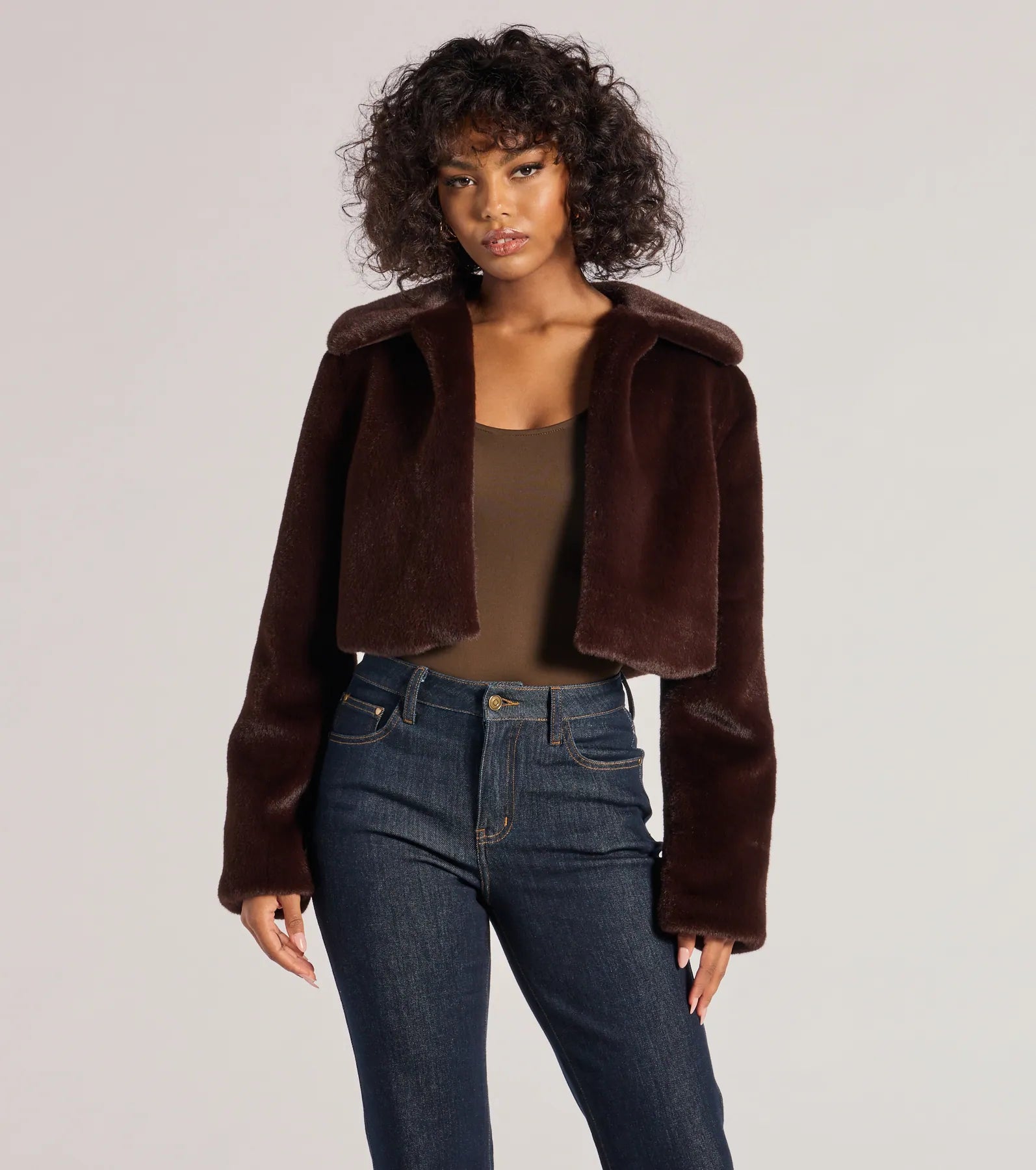 Windsor Looking Luxe Faux Fur Cropped Jacket – BROWN