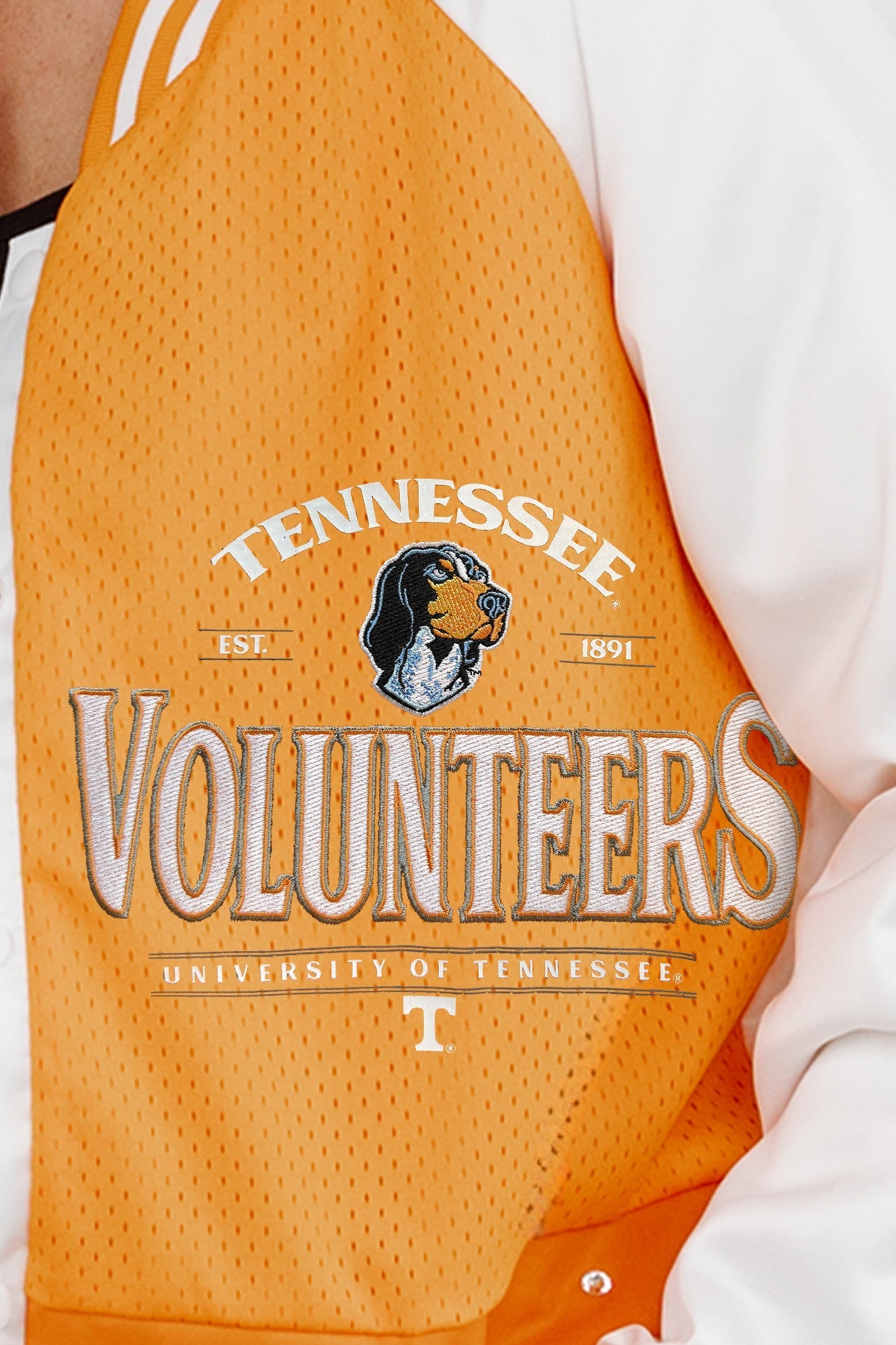 MADI X GC Tennessee Volunteers Hot Shot Mixed Media Throwback Varsity Bomber Jacket With Rhinestone Inserts By Madi Prewett Troutt - view 7