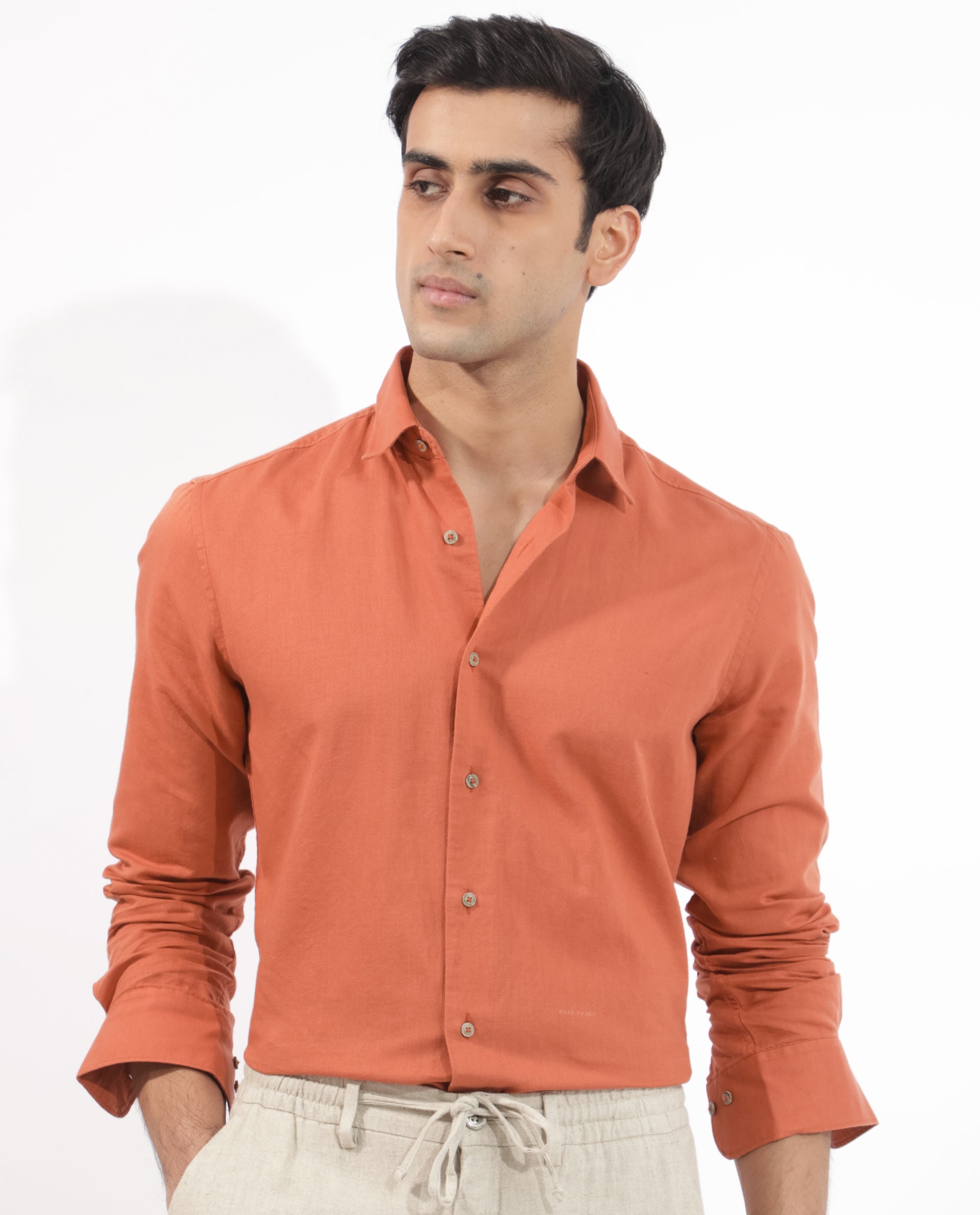 Rare Rabbit Men's Linux Orange Cotton Linen Fabric Full Sleeves Regular Fit Solid Shirt - view 3