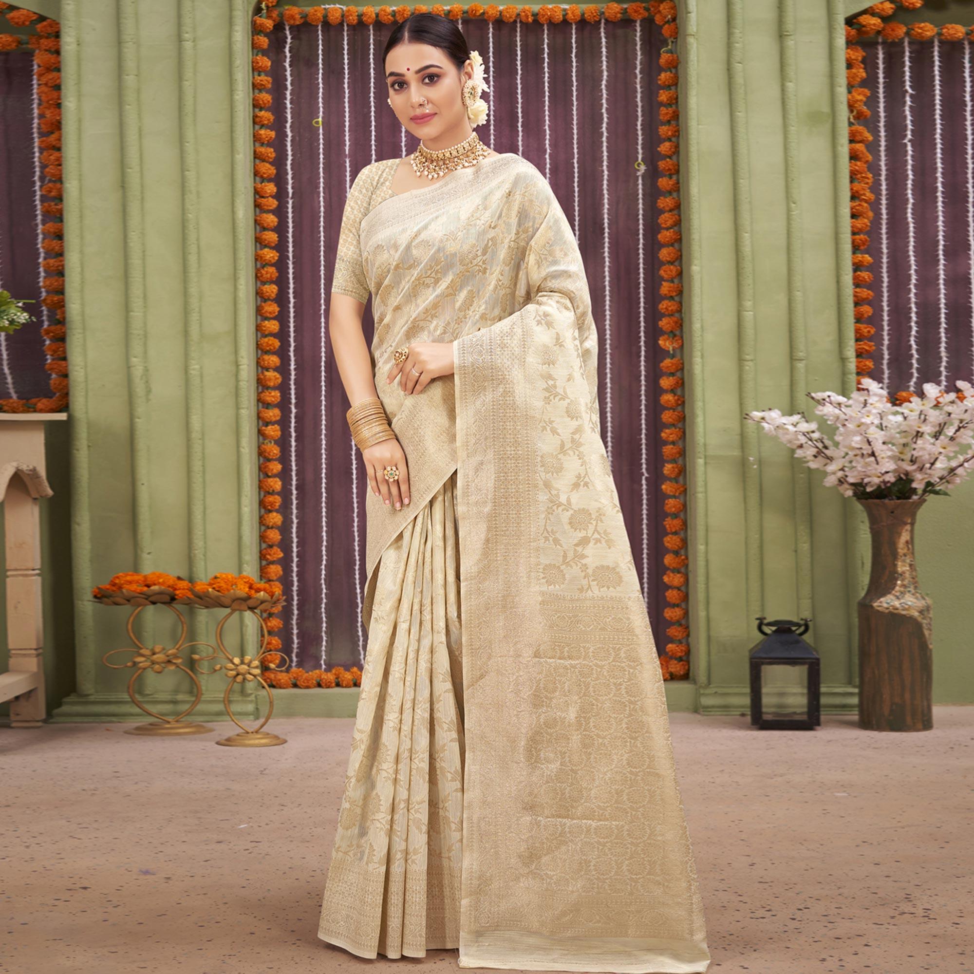 Peachmode Chikoo Woven Linen Saree – Women's