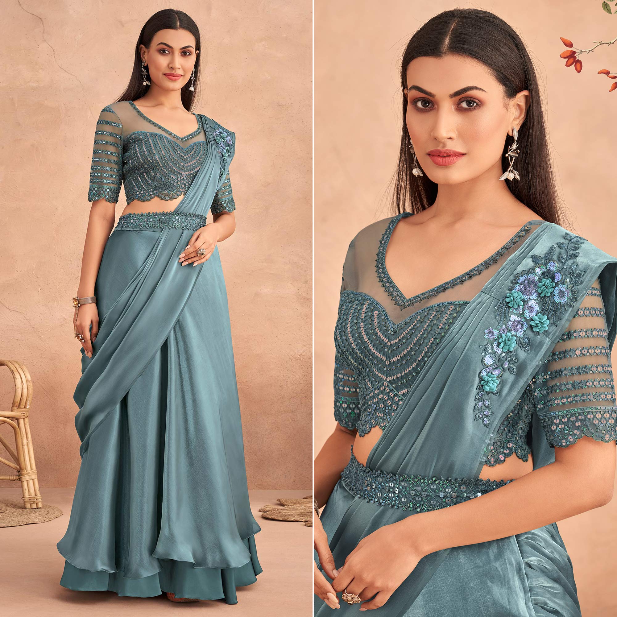 Peachmode Seller Grey Sequins Embroidered Ready To Wear Art Silk Saree