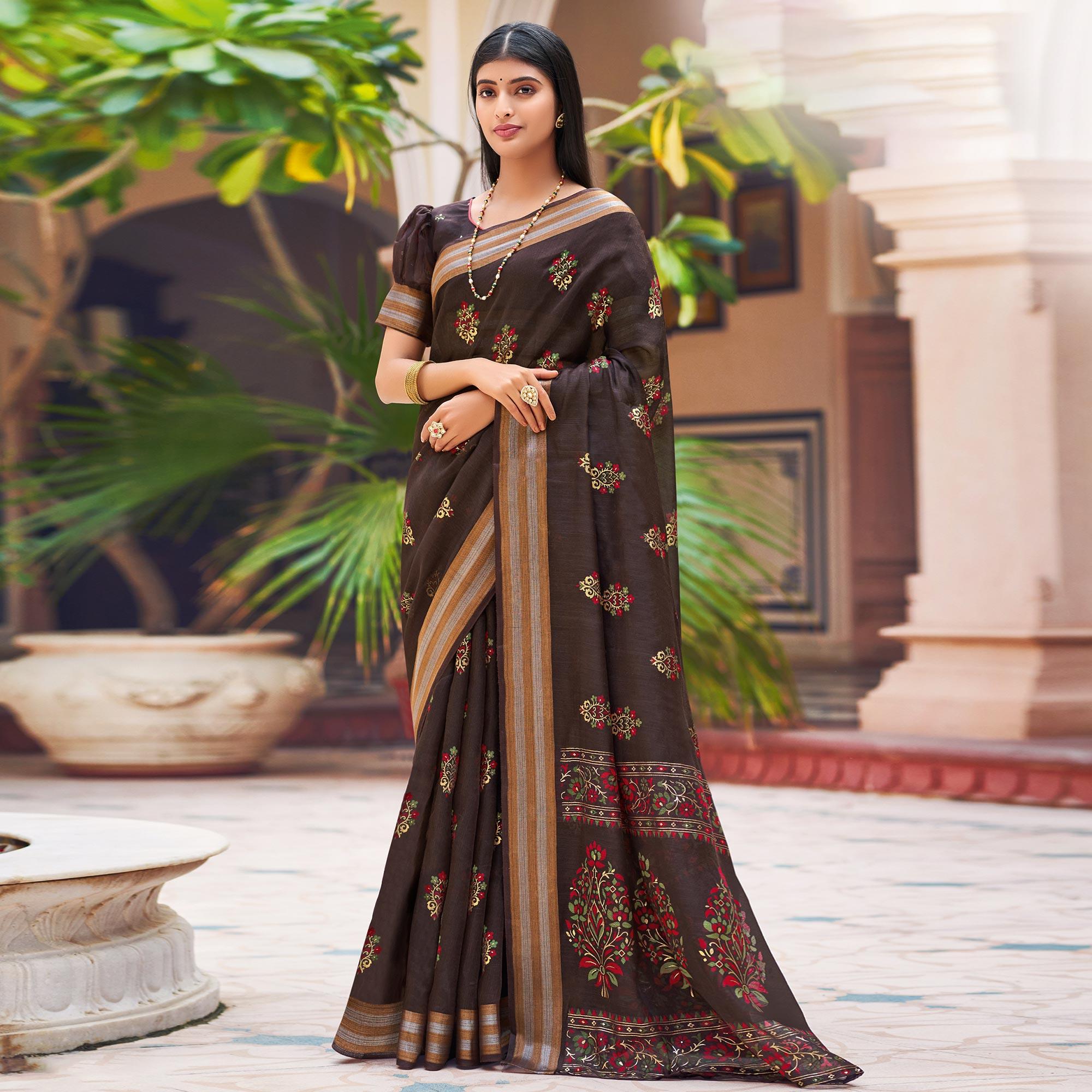 Peachmode Brown Festive Wear Printed Chanderi Silk Saree