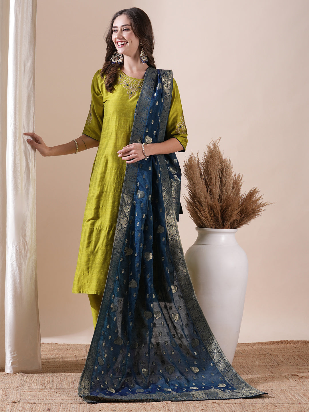 FASHOR Solid Floral Zari Embroidered Straight Fit Kurta with Pant and Dupatta - Lime Green