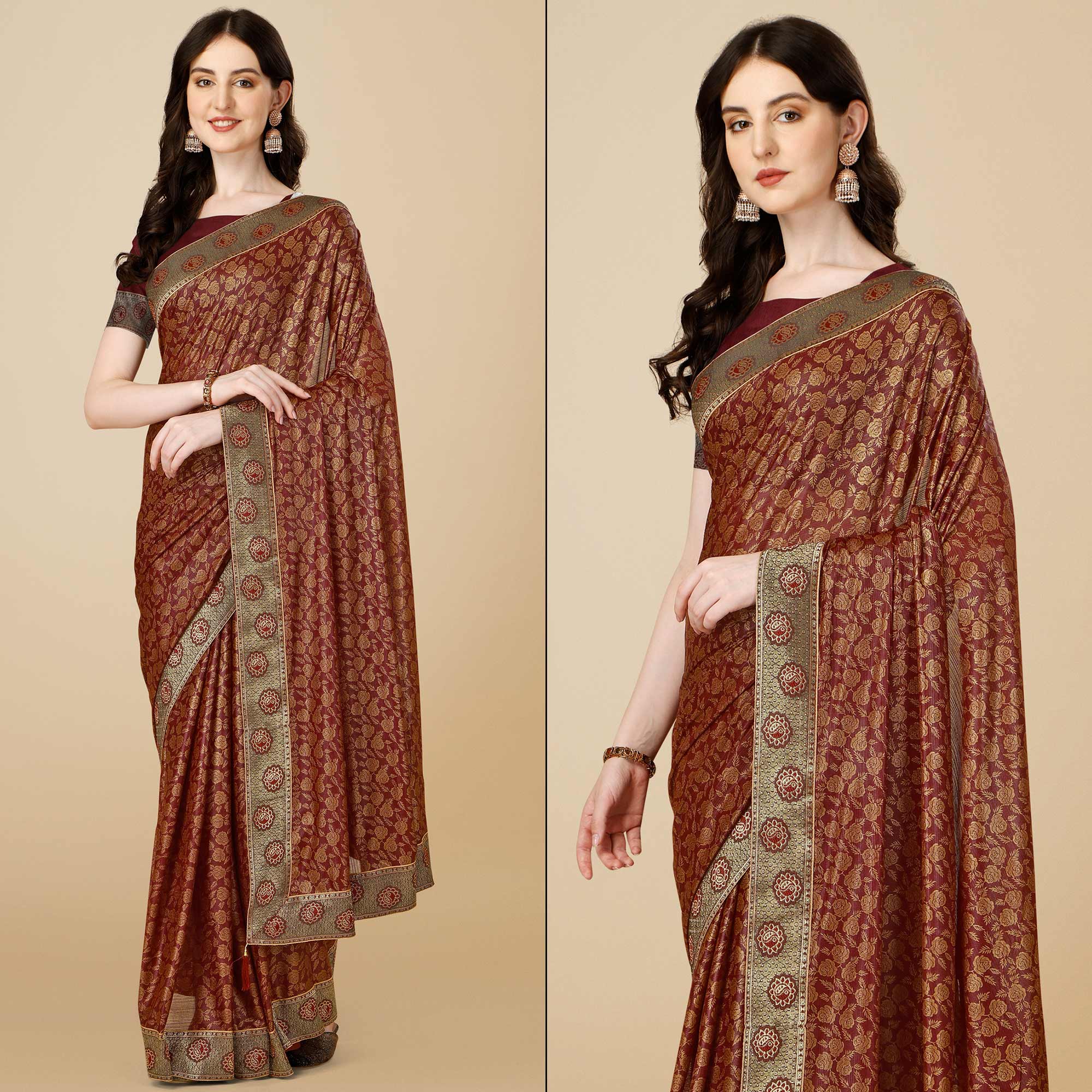 Peachmode Maroon Floral Handloom Woven Rayon Saree