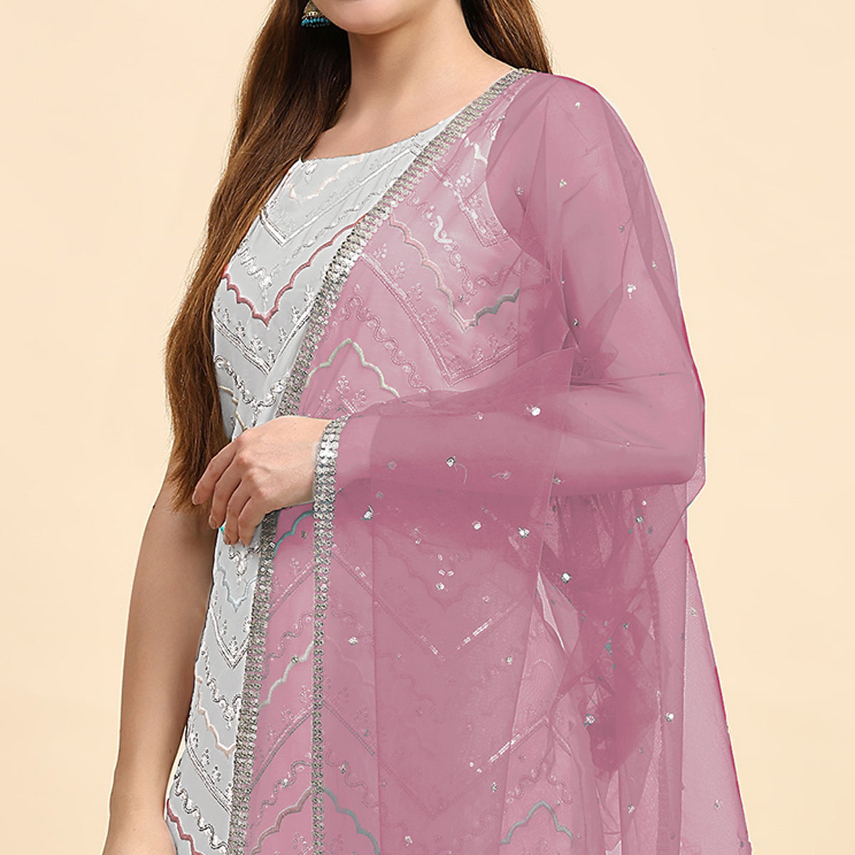 Peachmode Grey Sequins Embroidered Georgette Semi Stitched Suit - view 3