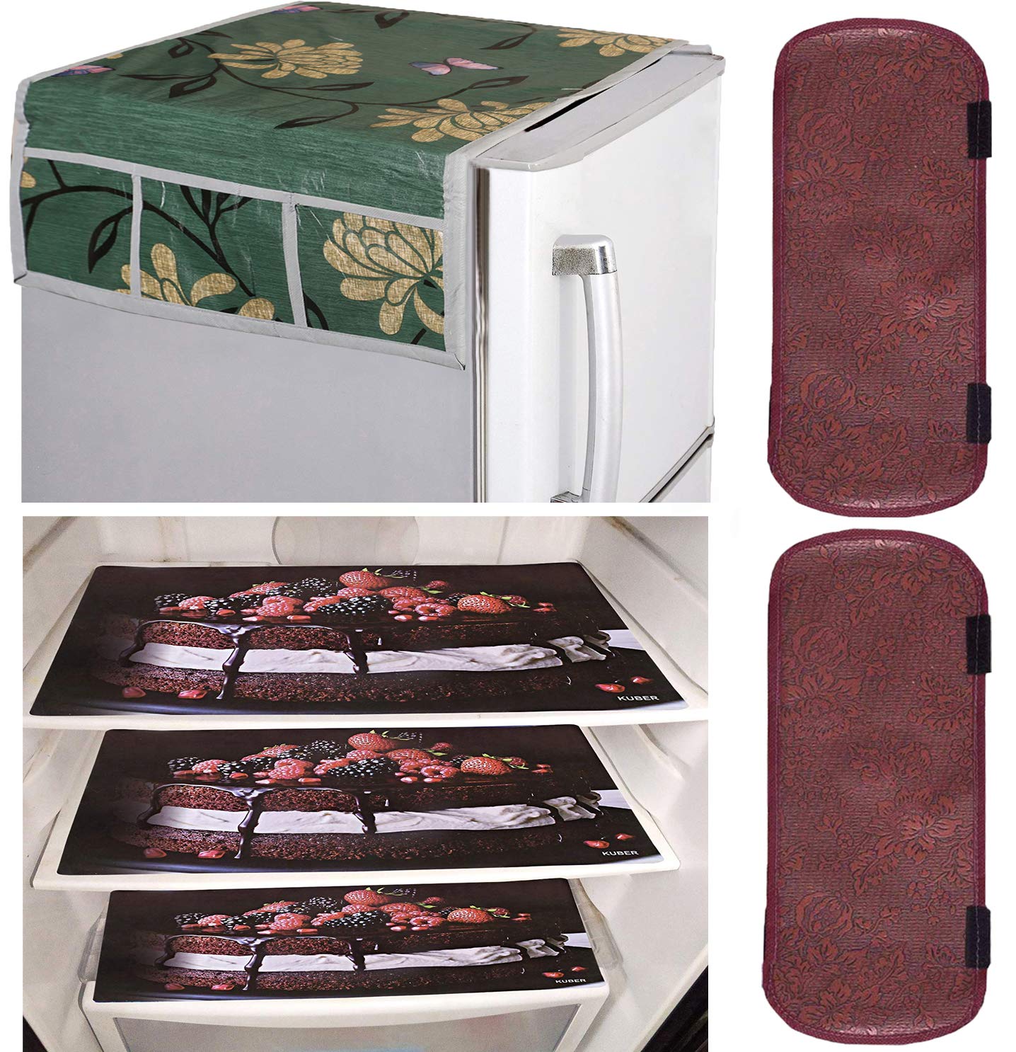 Kuber Industries PVC 3 Pieces Fridge Mats, 2 Piece Handle Cover and 1 Piece Fridge Top Cover (Green)-CTKTC32920