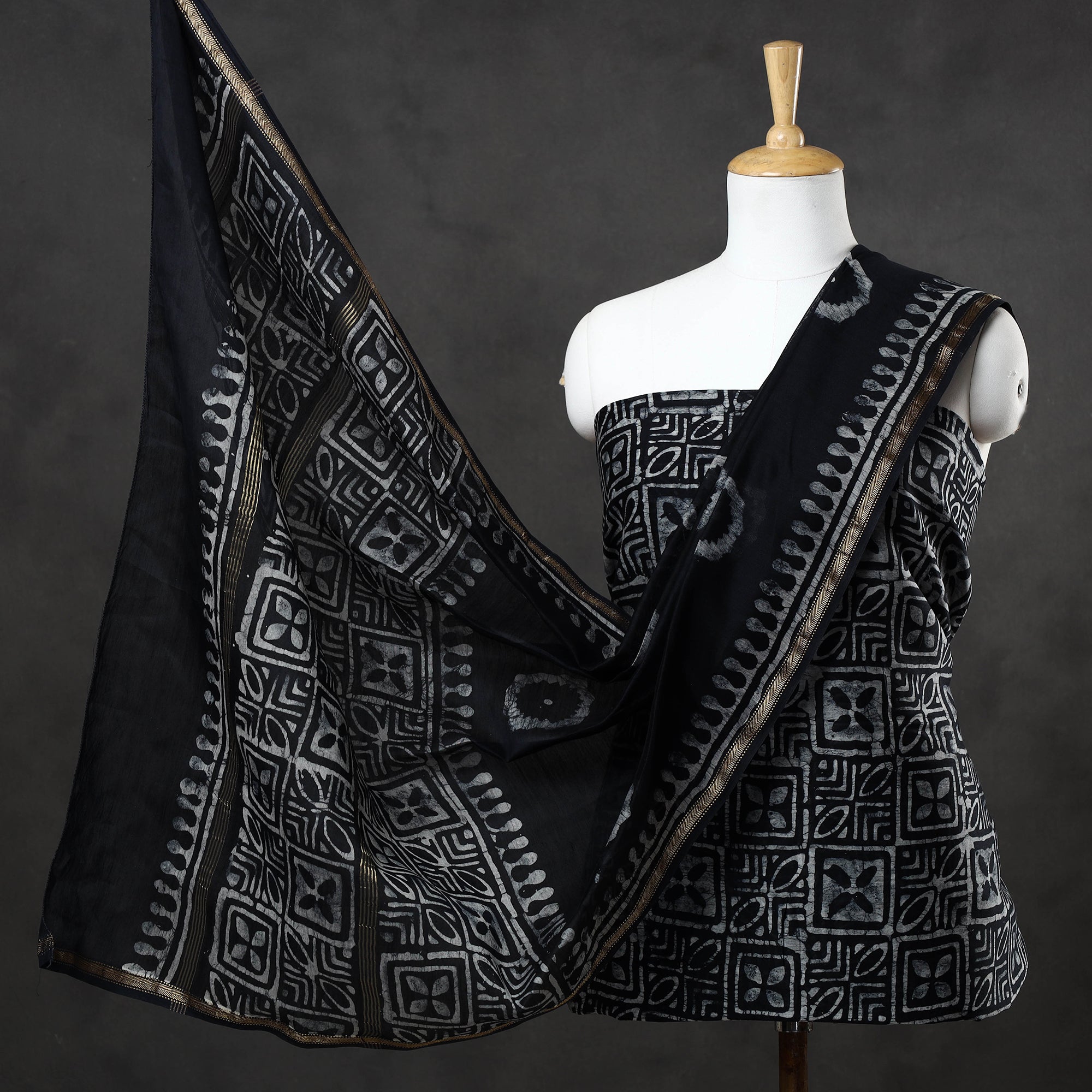 BATIK BY MD. SHARIFF Black - 3pc Hand Batik Printed Chanderi Silk Suit Material Set