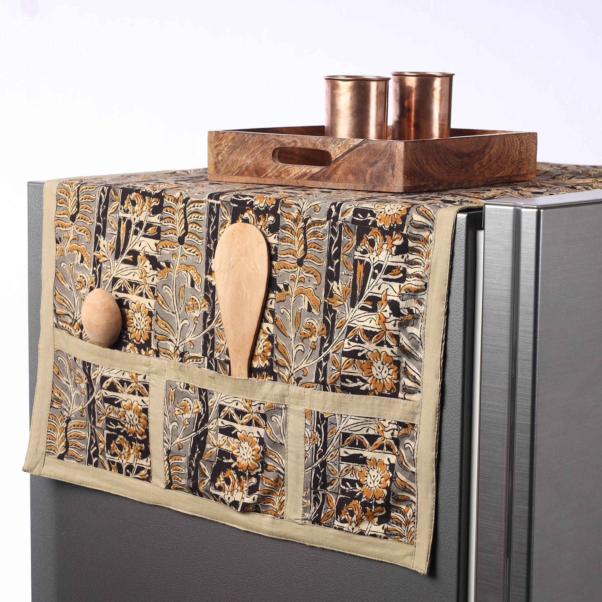 JALPARI Black - Kalamkari Block Printed Cotton Fridge Top Cover with Multiple Pockets
