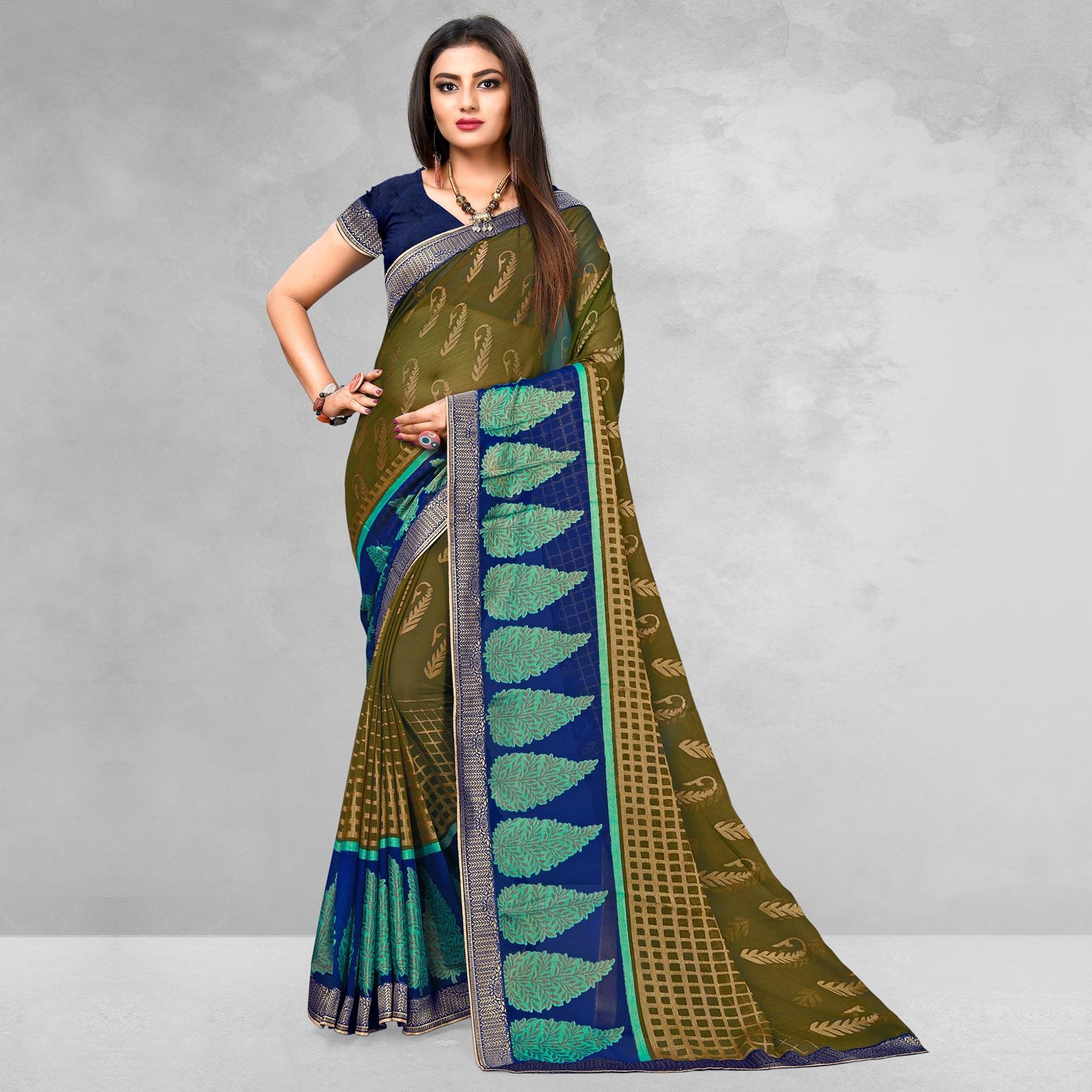 Olive sarees – BlackTree glowing-olive-green-colored-casual-wear-printed-brasso-saree-45253