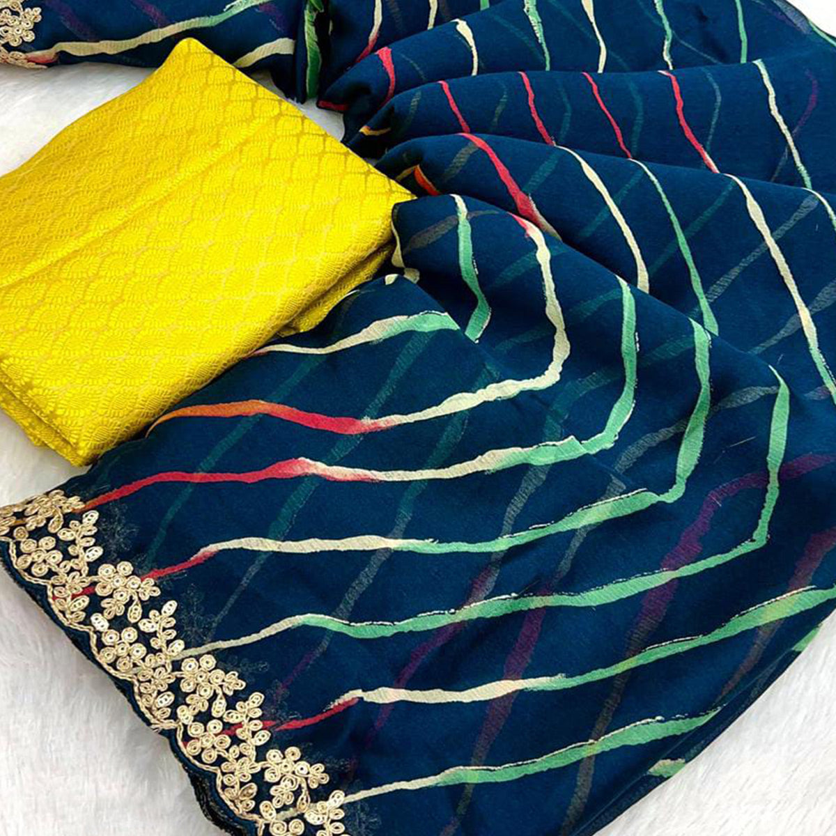 Peachmode Morpich Blue Leheriya Printed Chiffon Saree With Sequins Embroidered Border - view 2