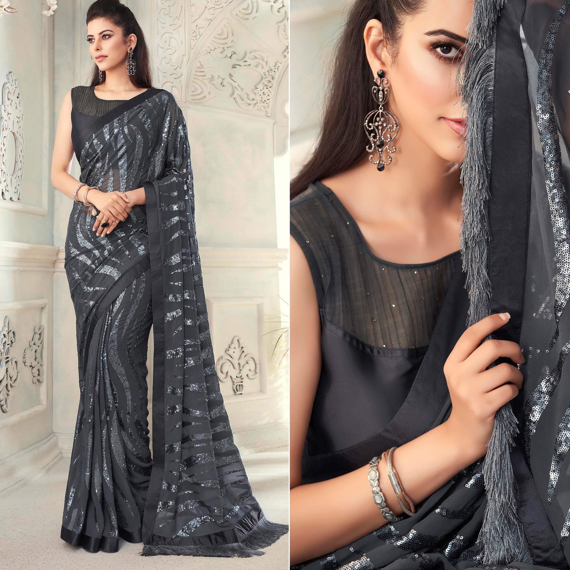 Peachmode Grey Sequins Embroidered Georgette Saree With Tassels