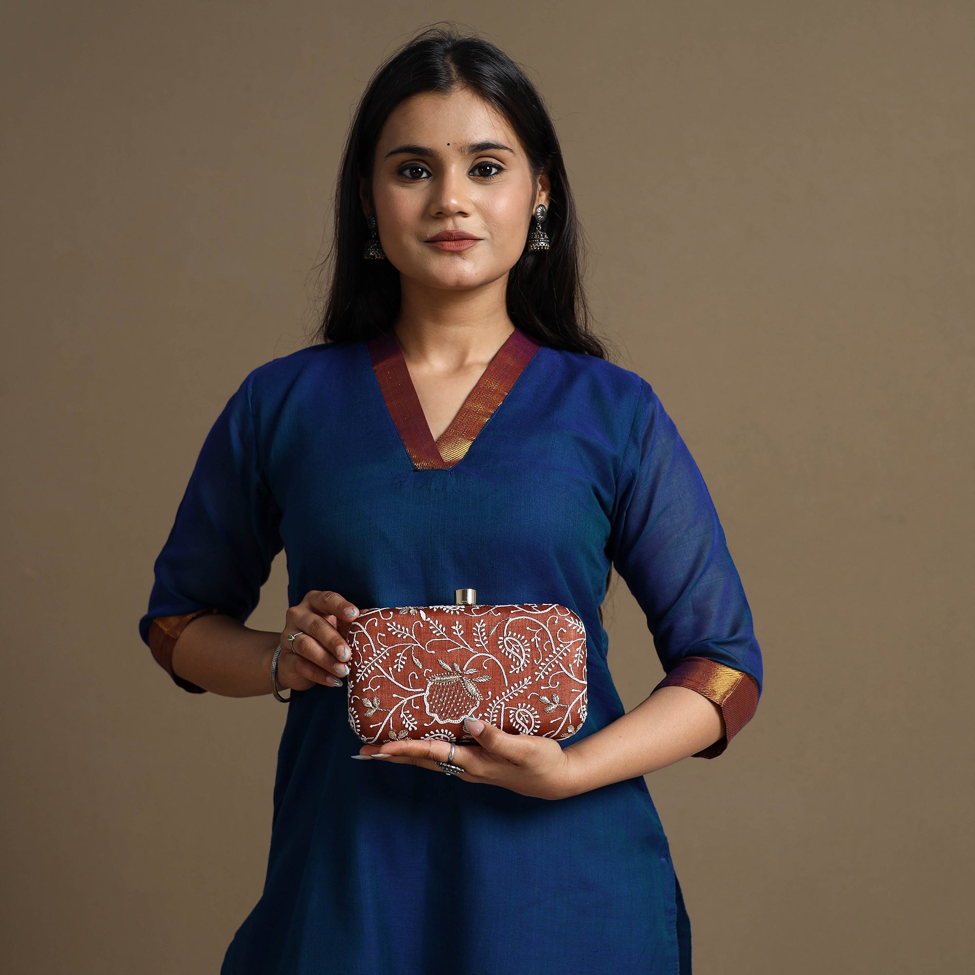 LAVANGG Brown - Chikankari Hand Embroidery Tussar Silk Clutch / Sling Bag 14