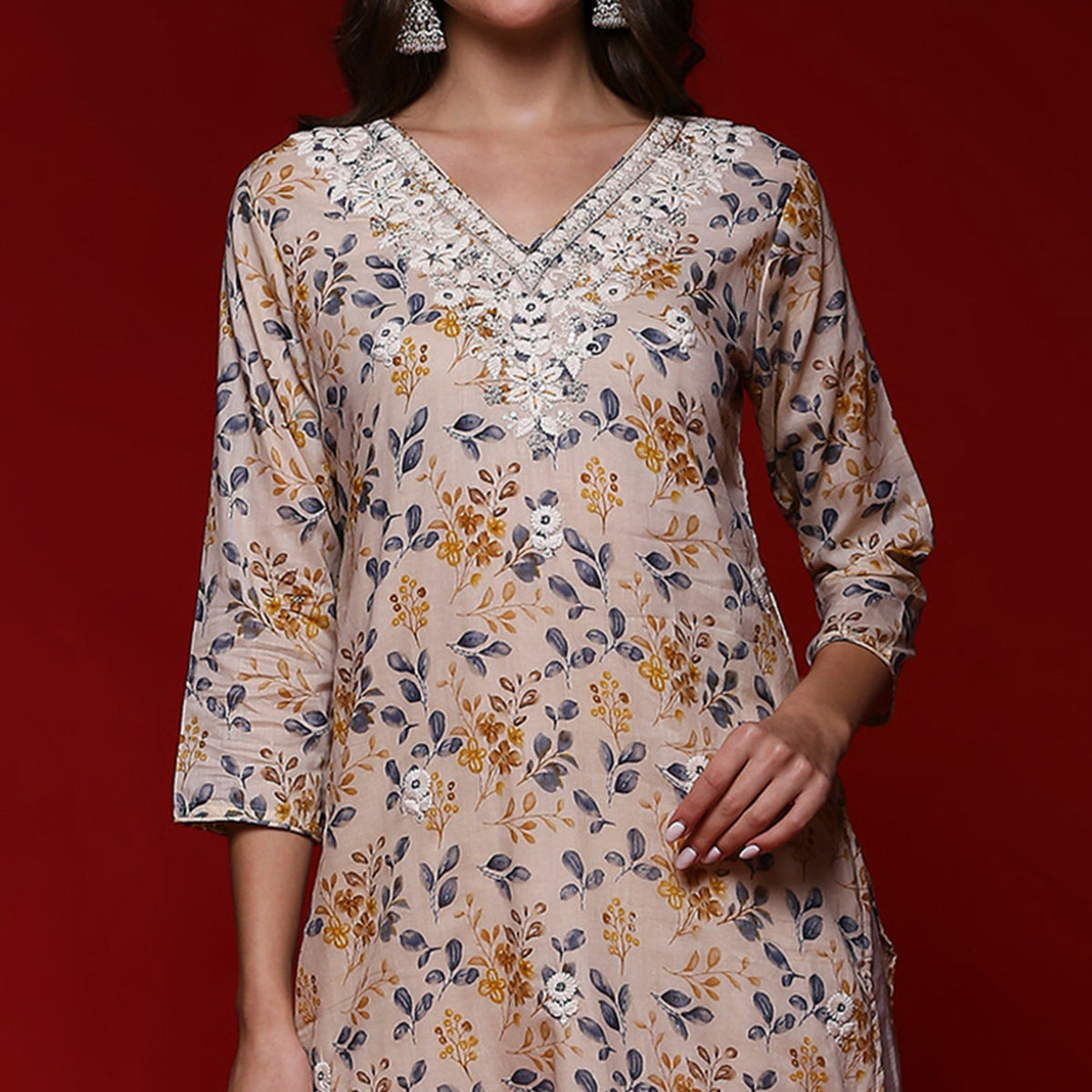 Peachmode Chikoo Floral Printed Mulmul Cotton Straight Kurti - view 4