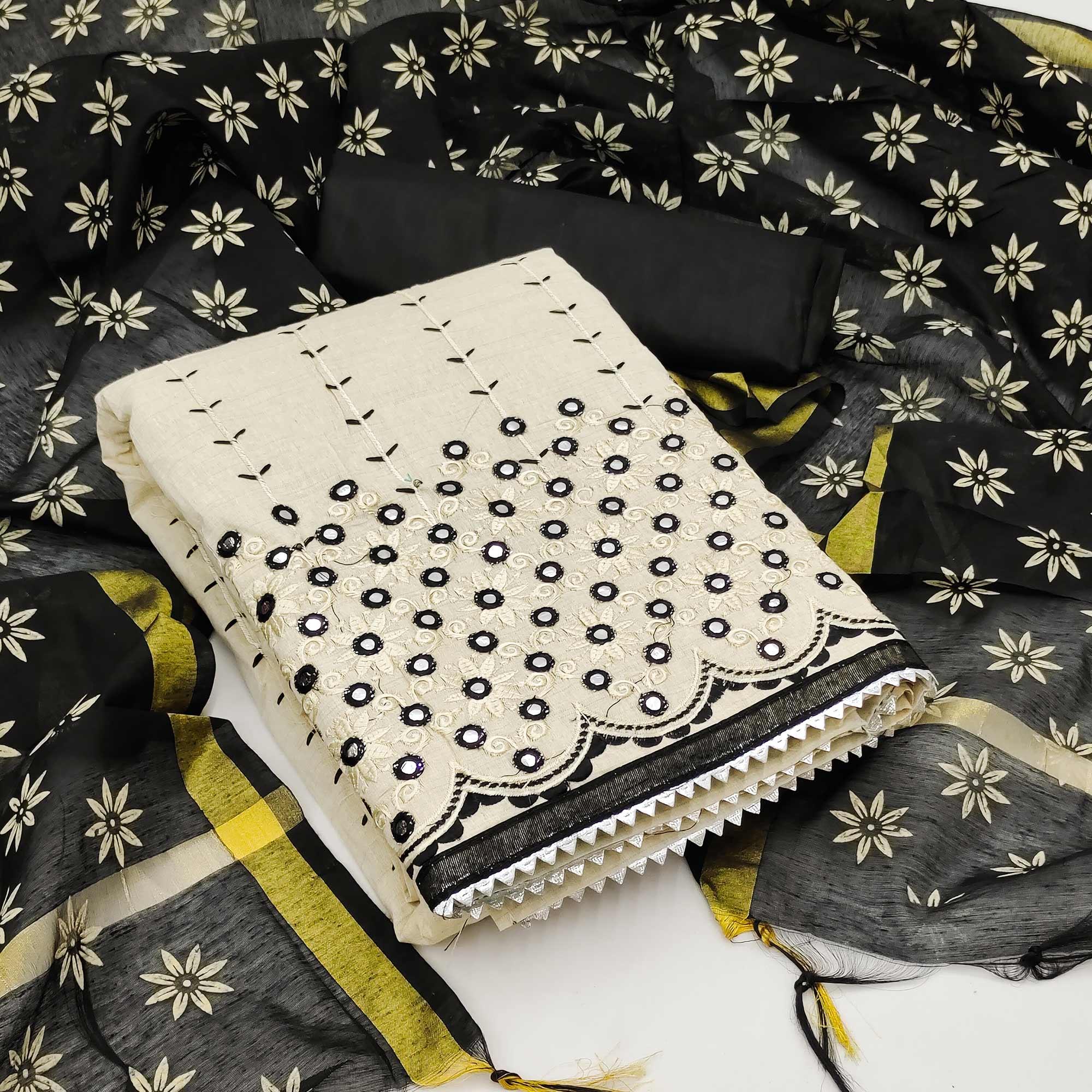 Peachmode Cream - Black Festive Wear Embroidery With Mirror Work Cotton Dress Material