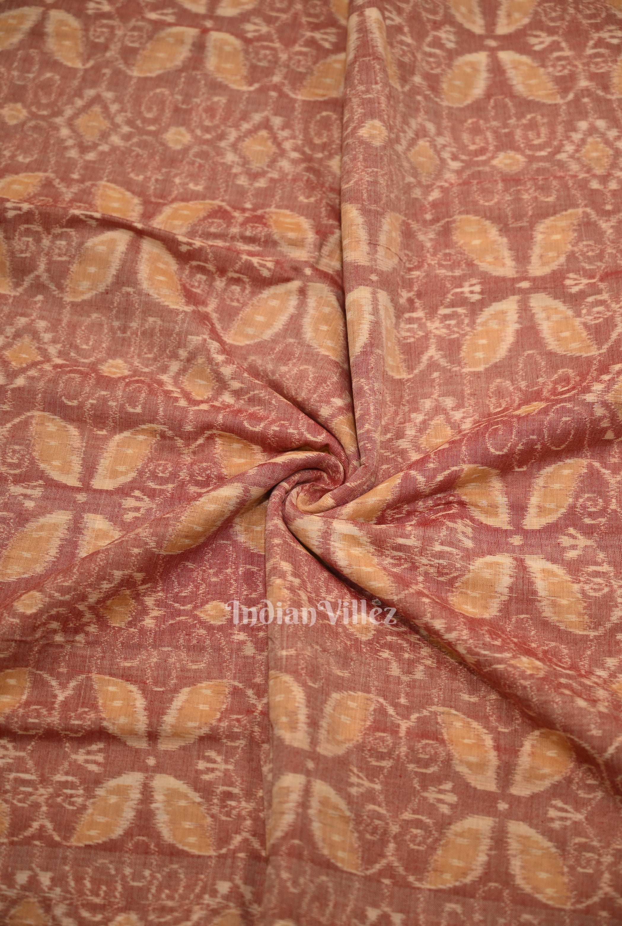 IndianVillèz Pink Brown Floral Motif Sambalpuri Odisha Ikat Cotton Fabric