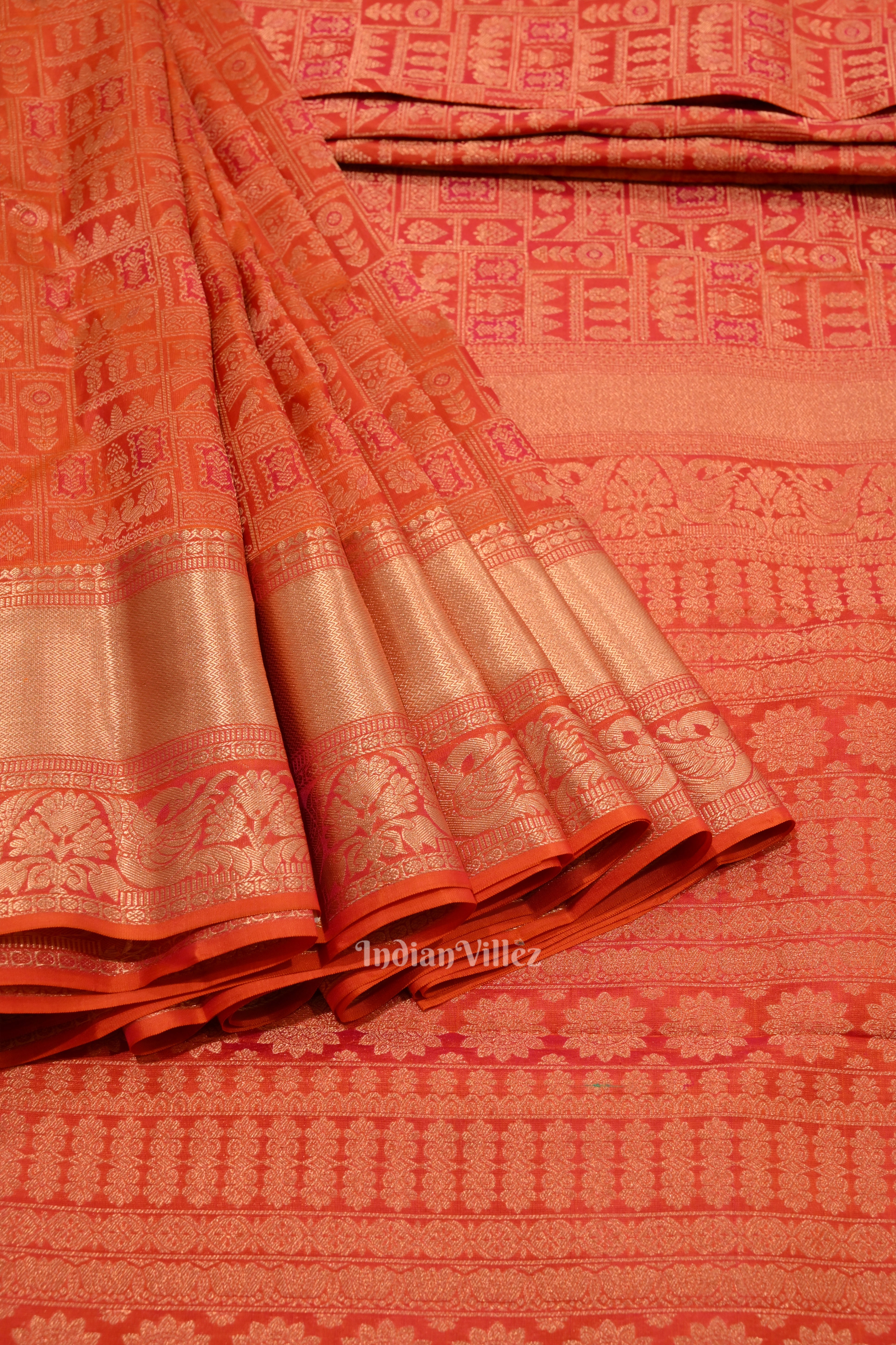 IndianVillèz Orange Pink Dual Tone Pure Kanjivaram Silk Saree