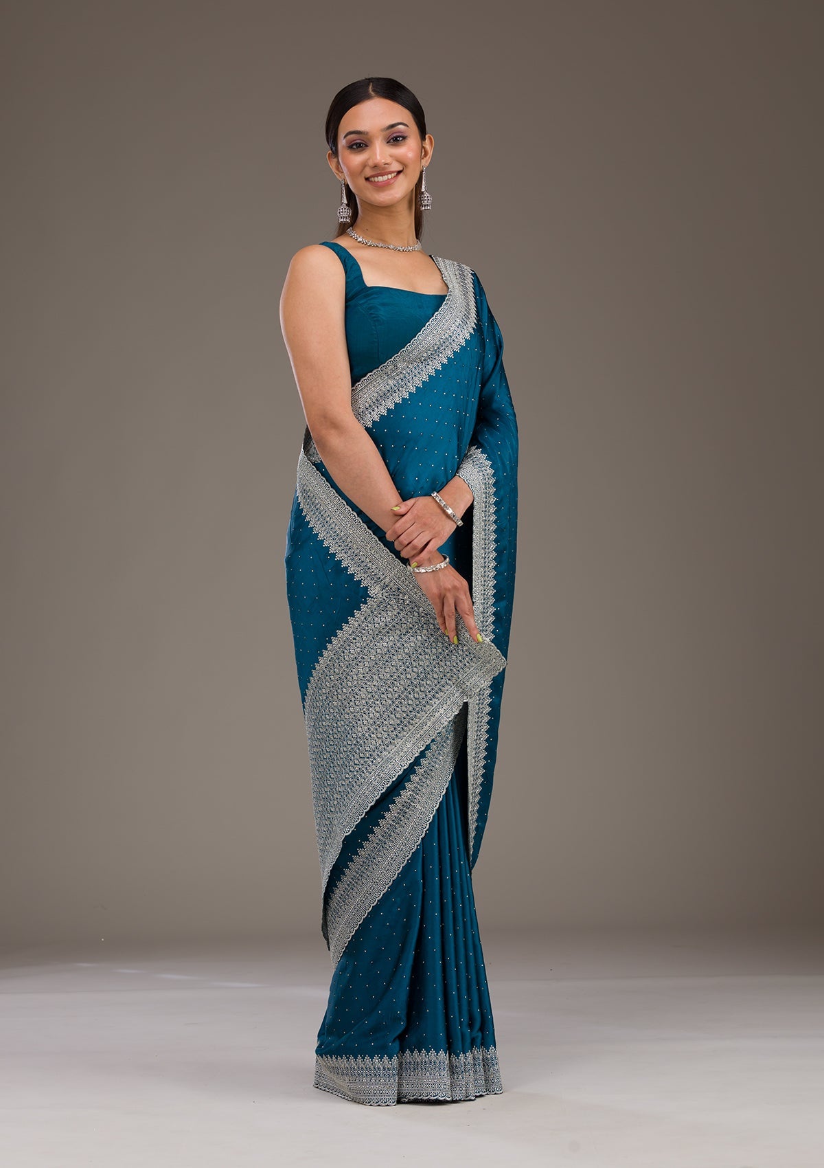 Koskii Peacock Blue Stonework Satin Saree – Women's - view 5