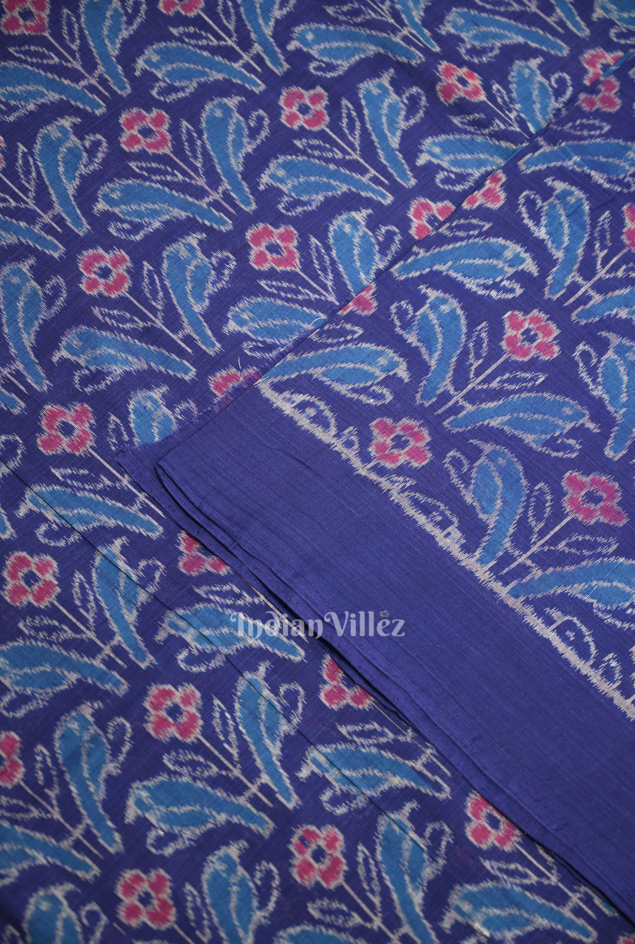 IndianVillèz Blue Flower Motif Sambalpuri Ikat Cotton Fabric - view 2