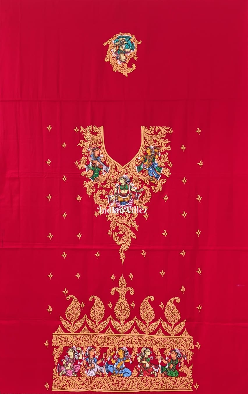 IndianVillèz Red Nartaki Pattachitra Kurti Dress Material (Unstitched)