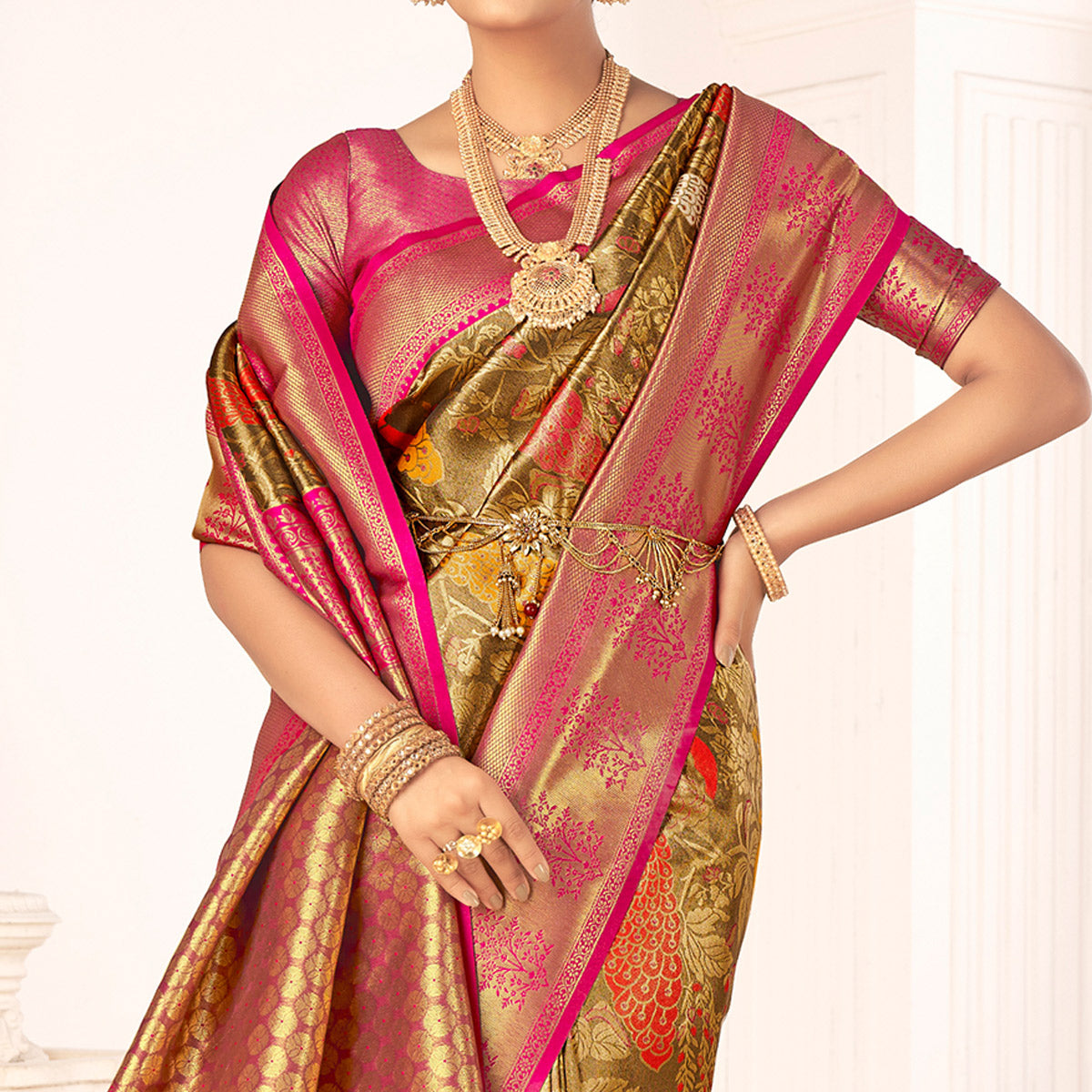 Peachmode Brown Woven Pure Silk Saree With Tassels - view 3