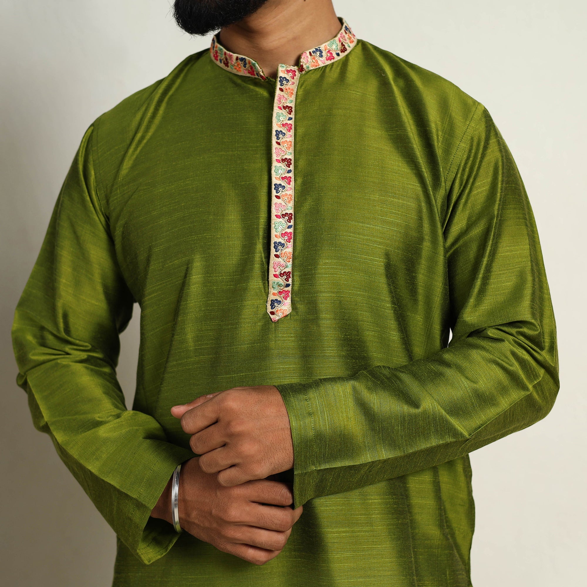 ITOKRI CASUALS Avacado Green - Slub Silk Kurta for Men with Detailed Neckline Work 11 - view 4