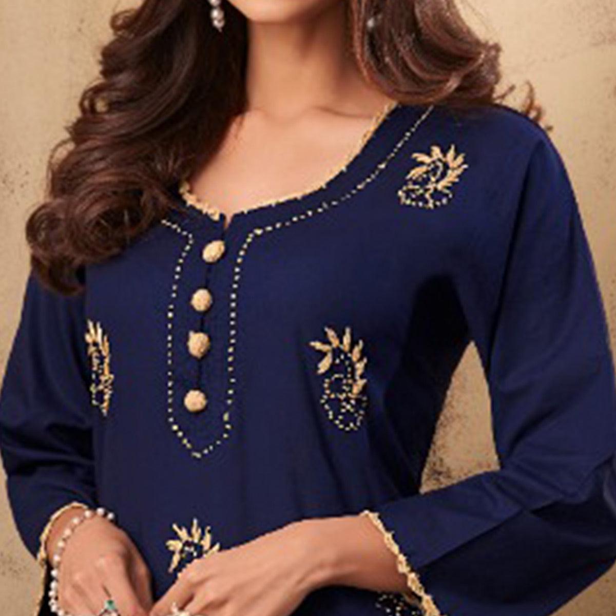 Peachmode Majesty Navy Blue Colored Casual Wear Embroidered Rayon Kurti Palazzo Set - view 2