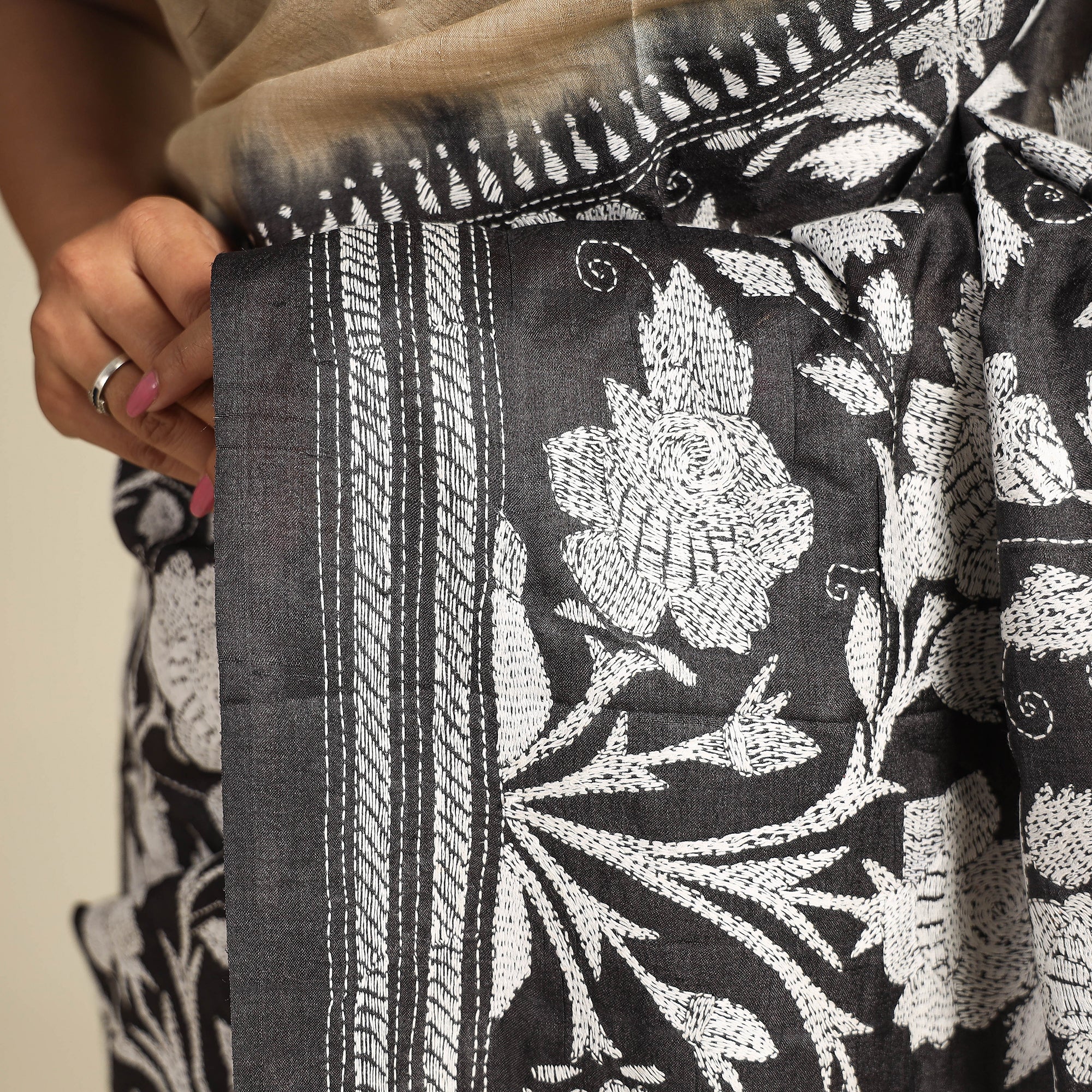 KHUSHBASH - HAPPY LOOM OF EAST Black - Bengal Kantha Embroidery Handloom Tussar Silk Saree - view 6