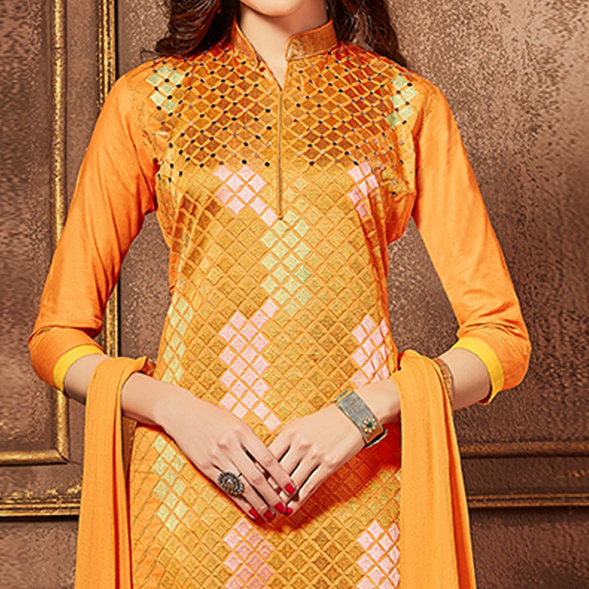 Peachmode Intricate Orange Colored Party Wear Embroidered Cotton Suit - view 2