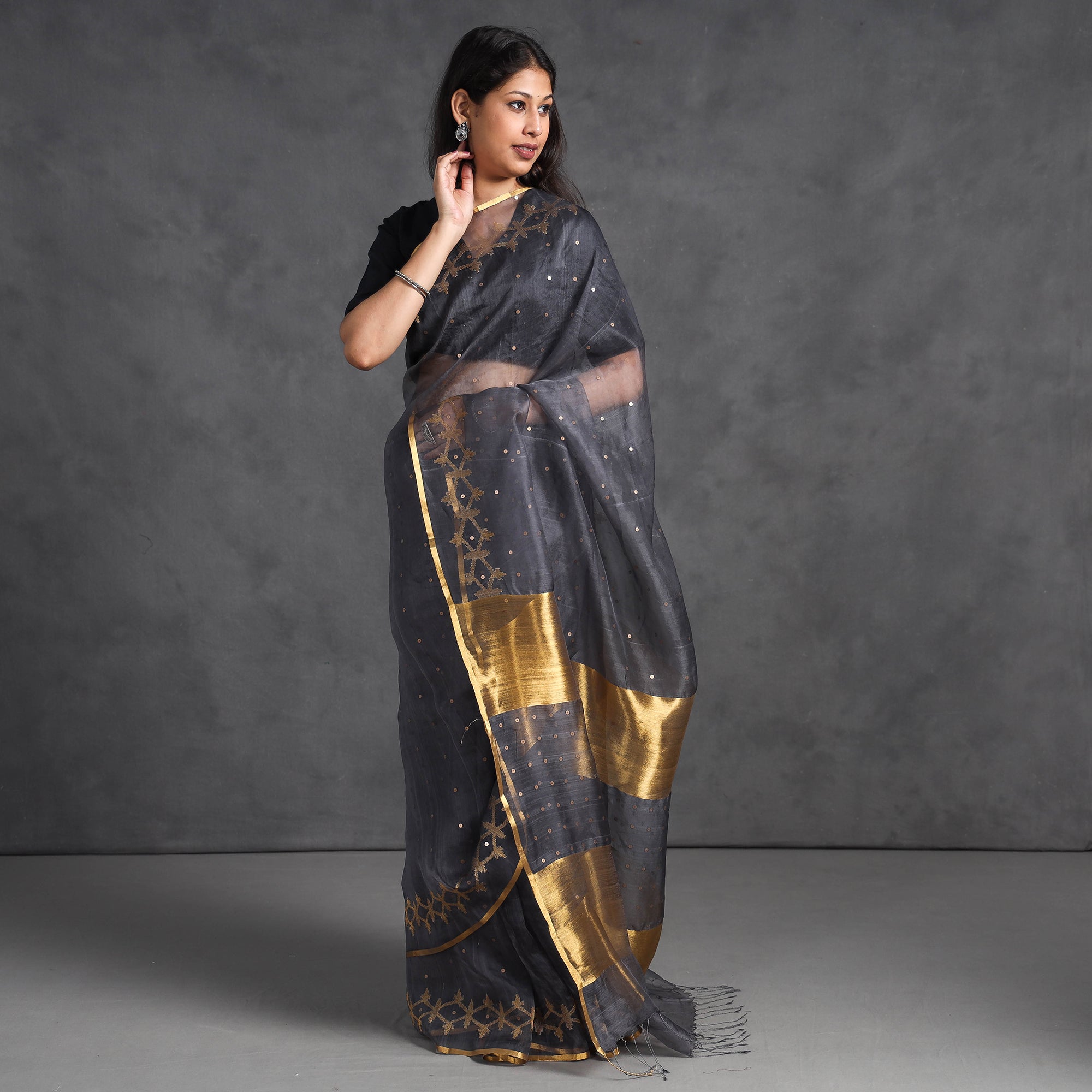 KHUSHBASH - HAPPY LOOM OF EAST Black - Burdwan Sequin Work Handloom Muslin Silk Saree