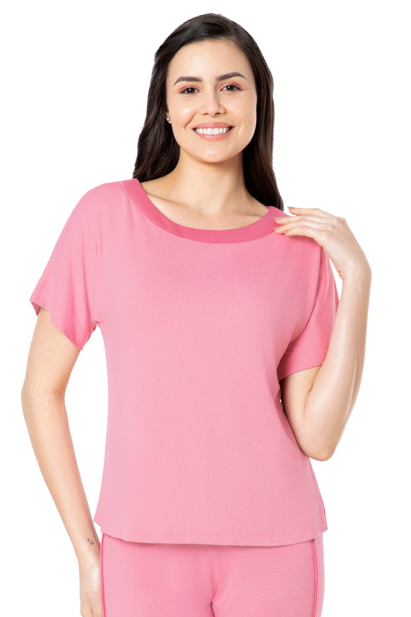 Amante Satin Edge Half Sleeve Round Neck Sleep Top - Cashmere Rose