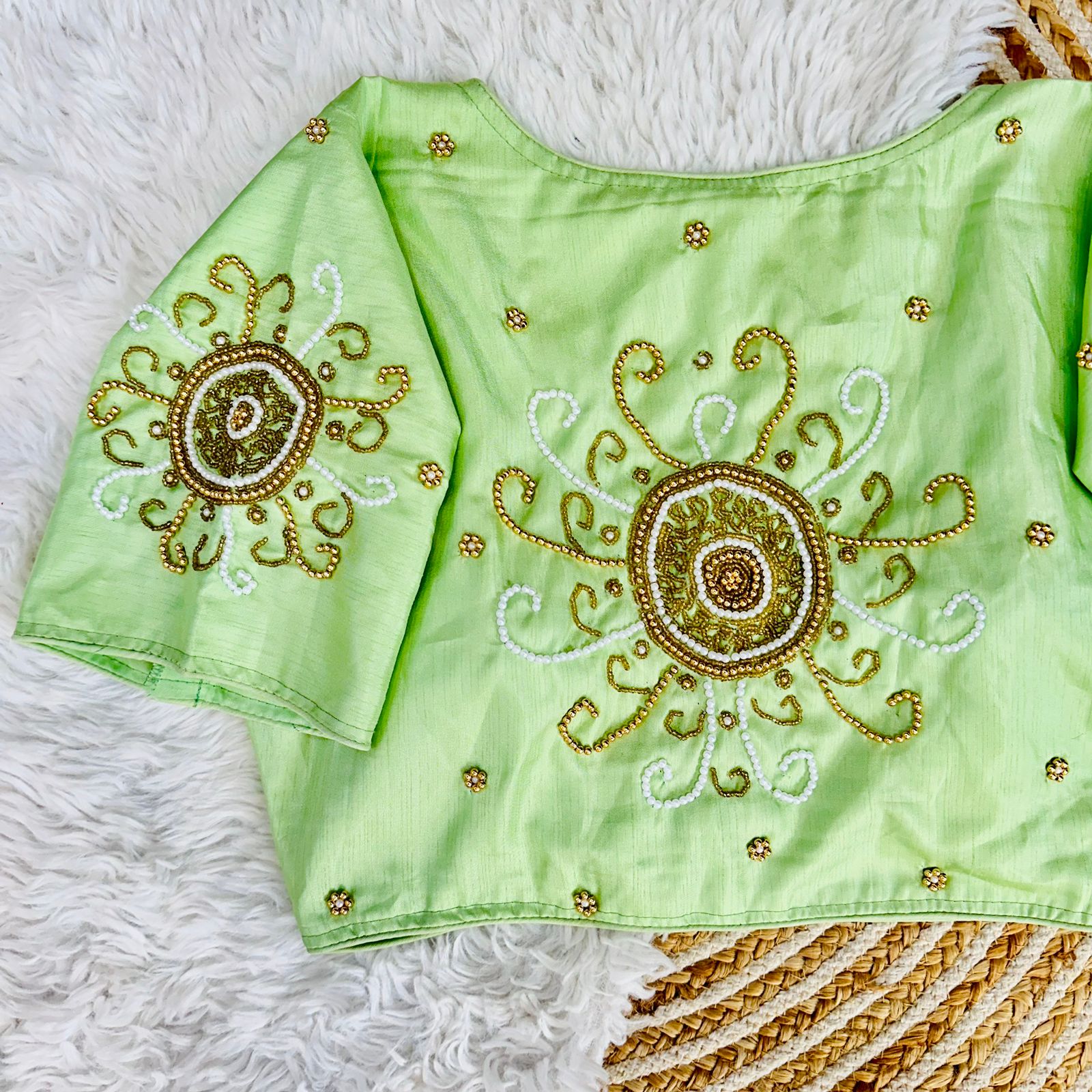 ClothsVilla Mint Green Golden Handcrafted Makhana Silk Blouse with White Pearl Accents - view 2