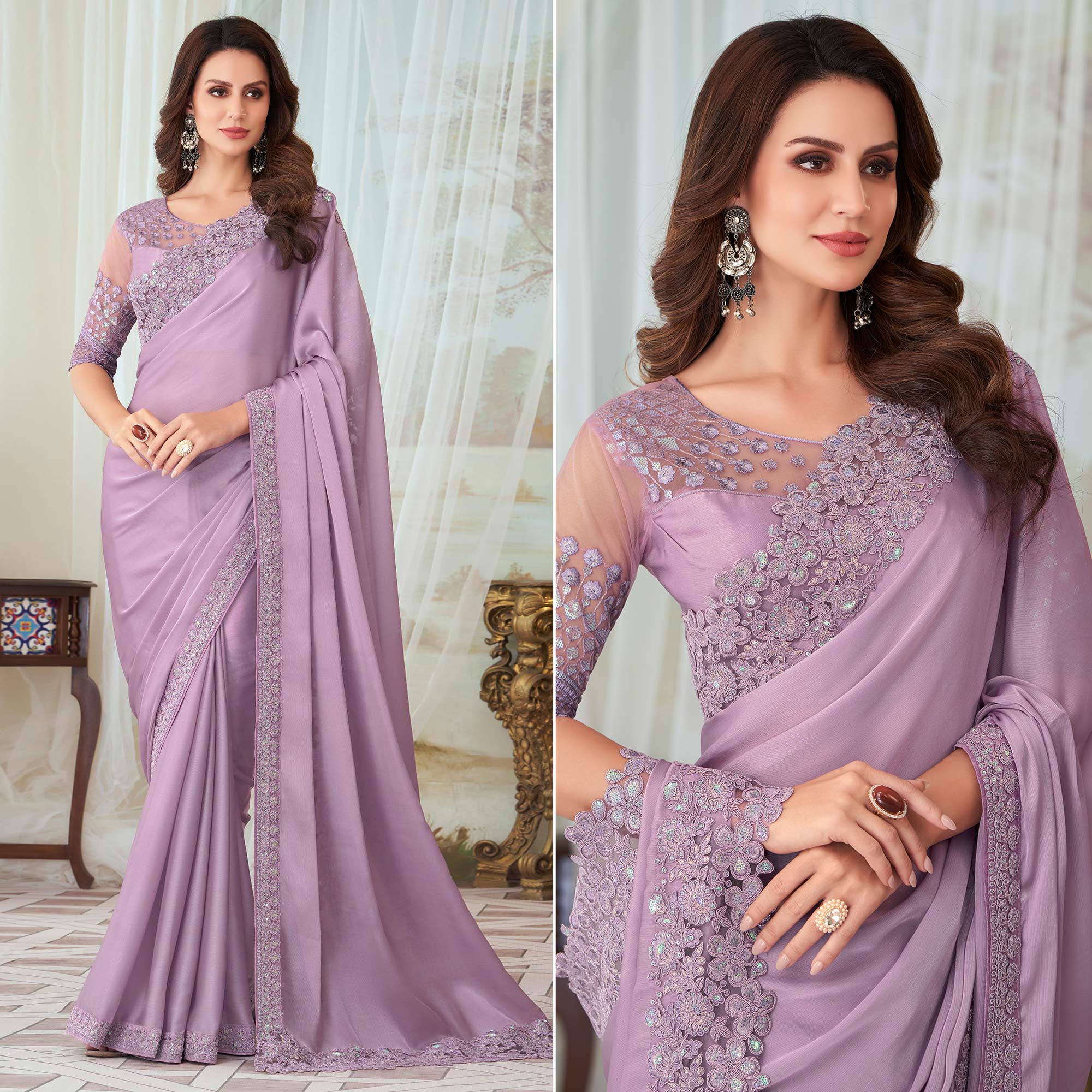 Peachmode Lavender Floral Sequin Embroidered Satin Saree