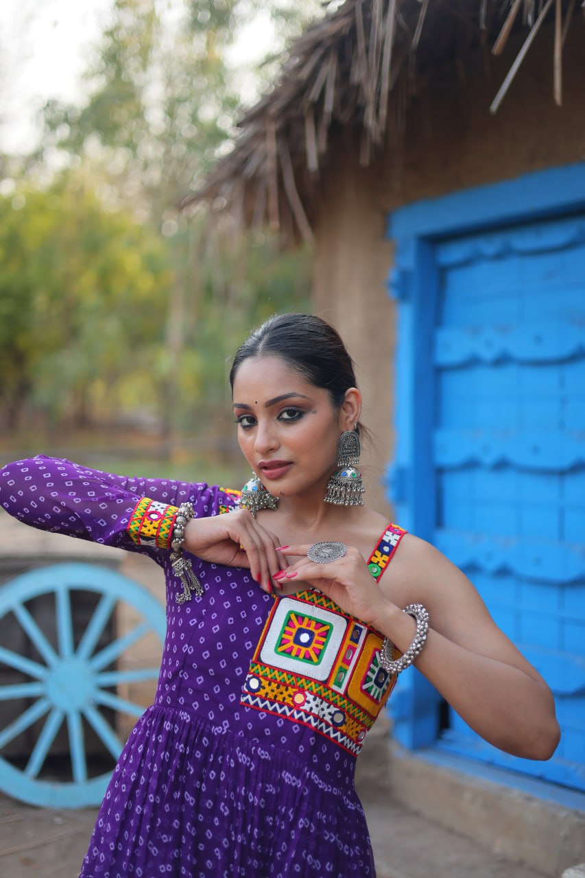 ClothsVilla.com Purple Elegant Bandhani Print Faux Georgette Gown with Kutchi Patchwork - view 4