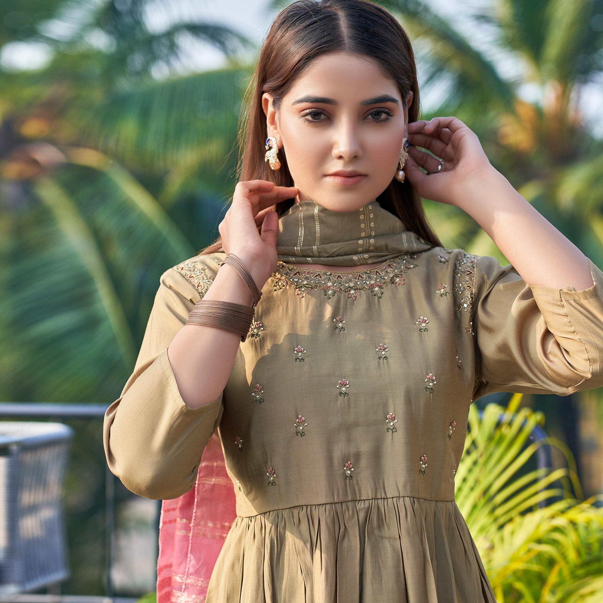Peachmode Brown Floral Embroidered Pure Silk Anarkali Suit - view 5