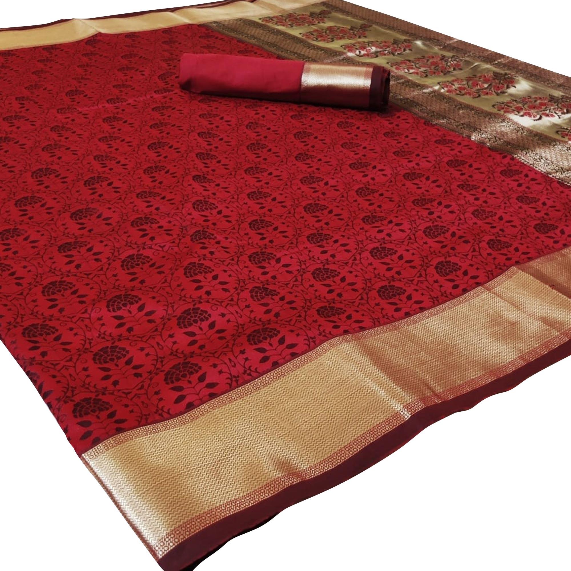 Peachmode Jazzy Red Colored Festive Wear Woven Heavy Silk Saree
