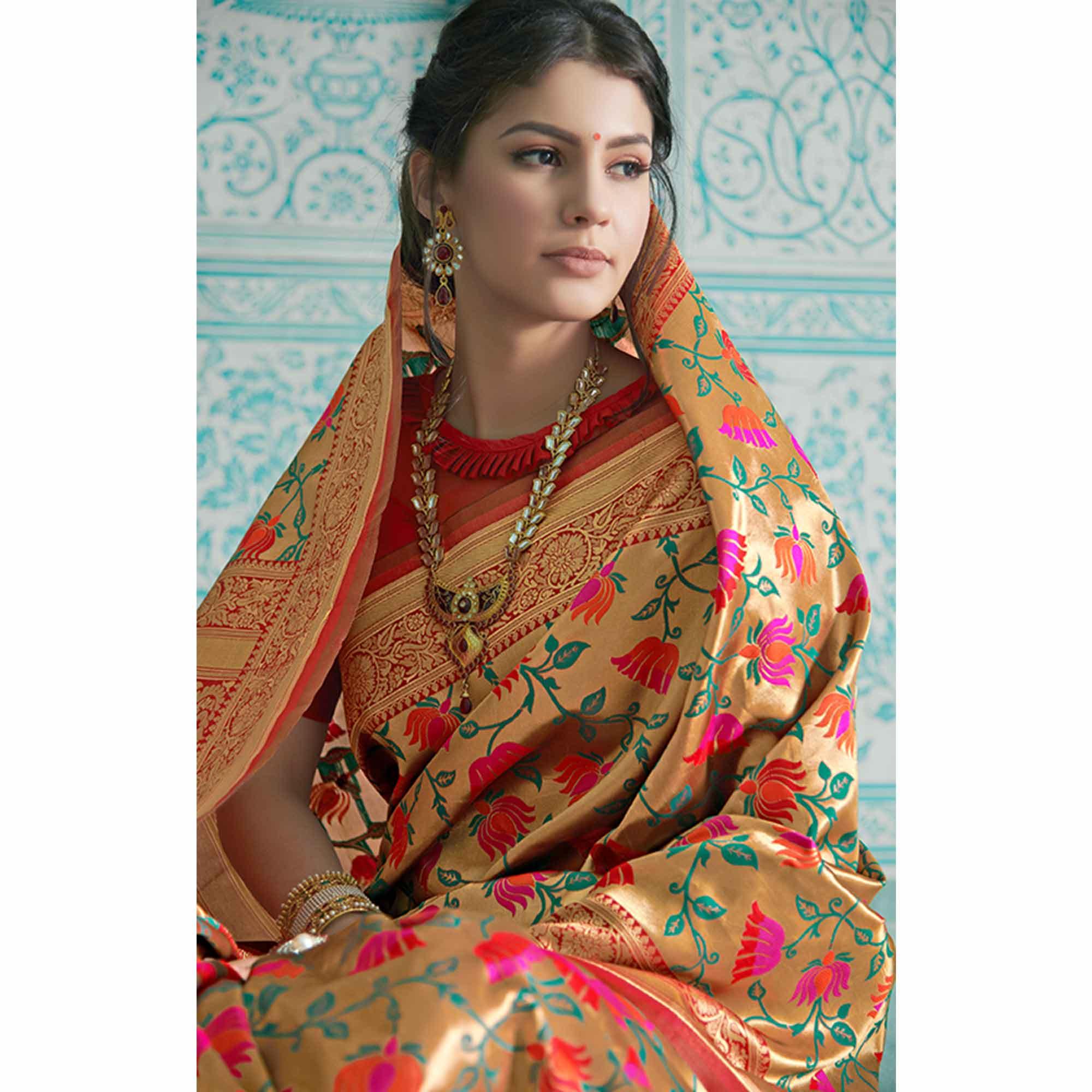 Peachmode Desirable Golden-Orange Colored Festive Wear Woven Paithani Banarasi Silk Saree - view 2