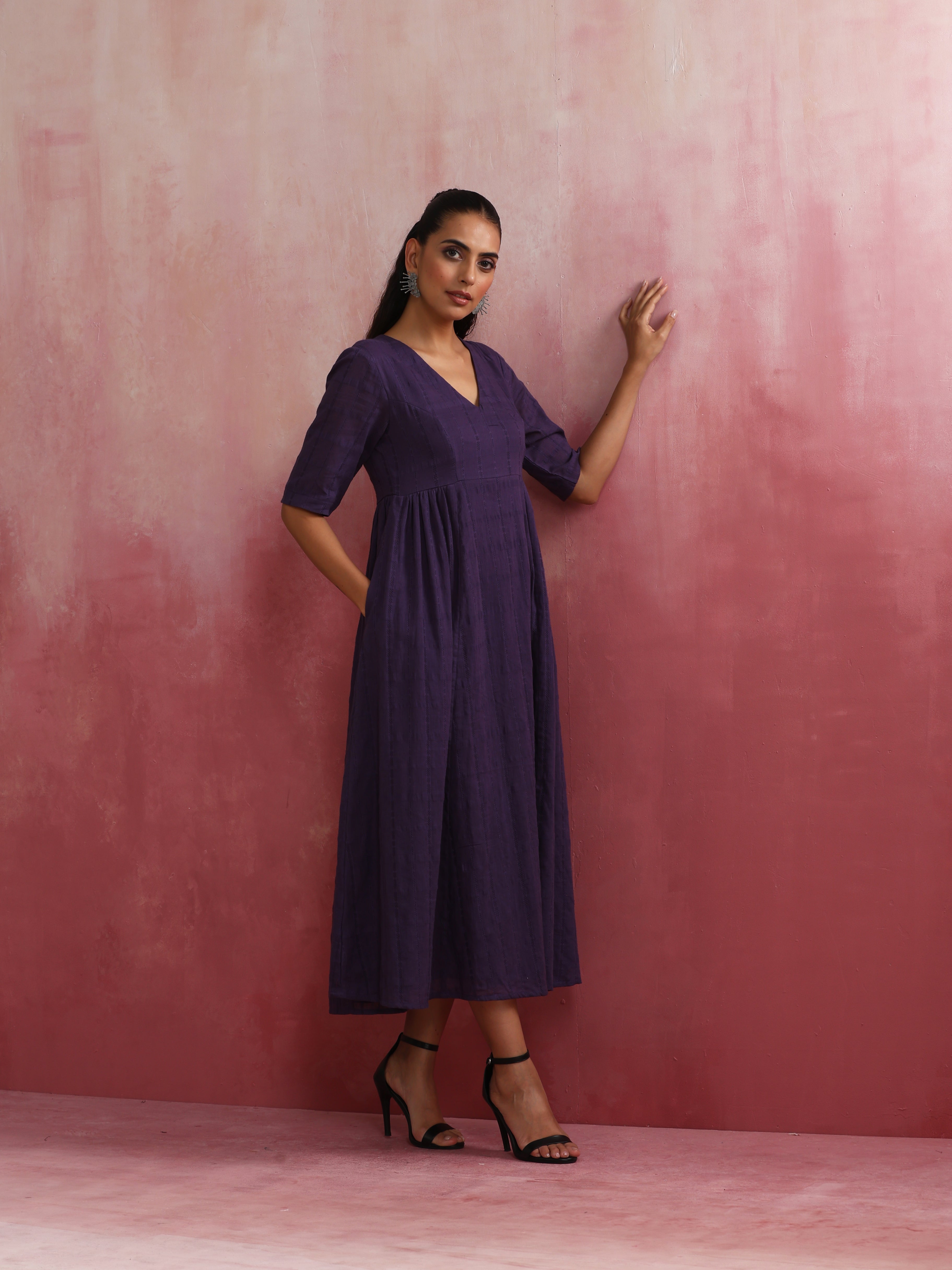 trueBrowns Purple Cotton Dobby Dress - view 3