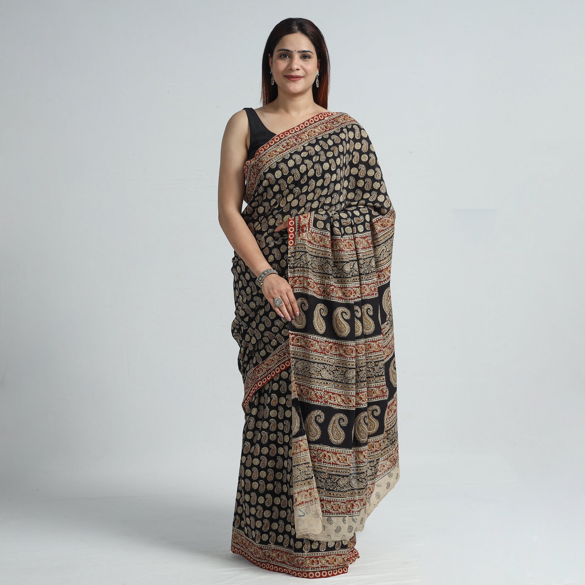 SOUTH KARGHA Black - Pedana Block Print Cotton Kalamkari Saree 04
