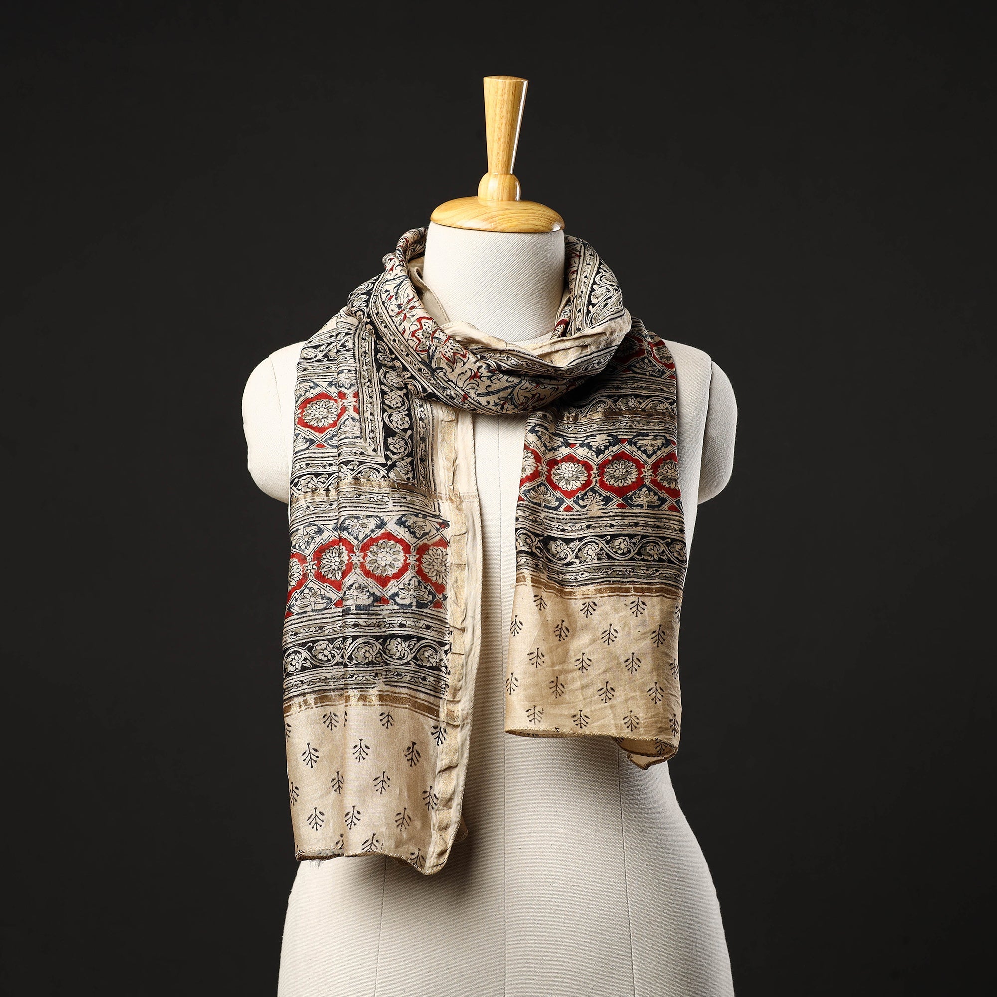 SOUTH KARGHA Beige - Pedana Block Print Chanderi Silk Kalamkari Stole 01