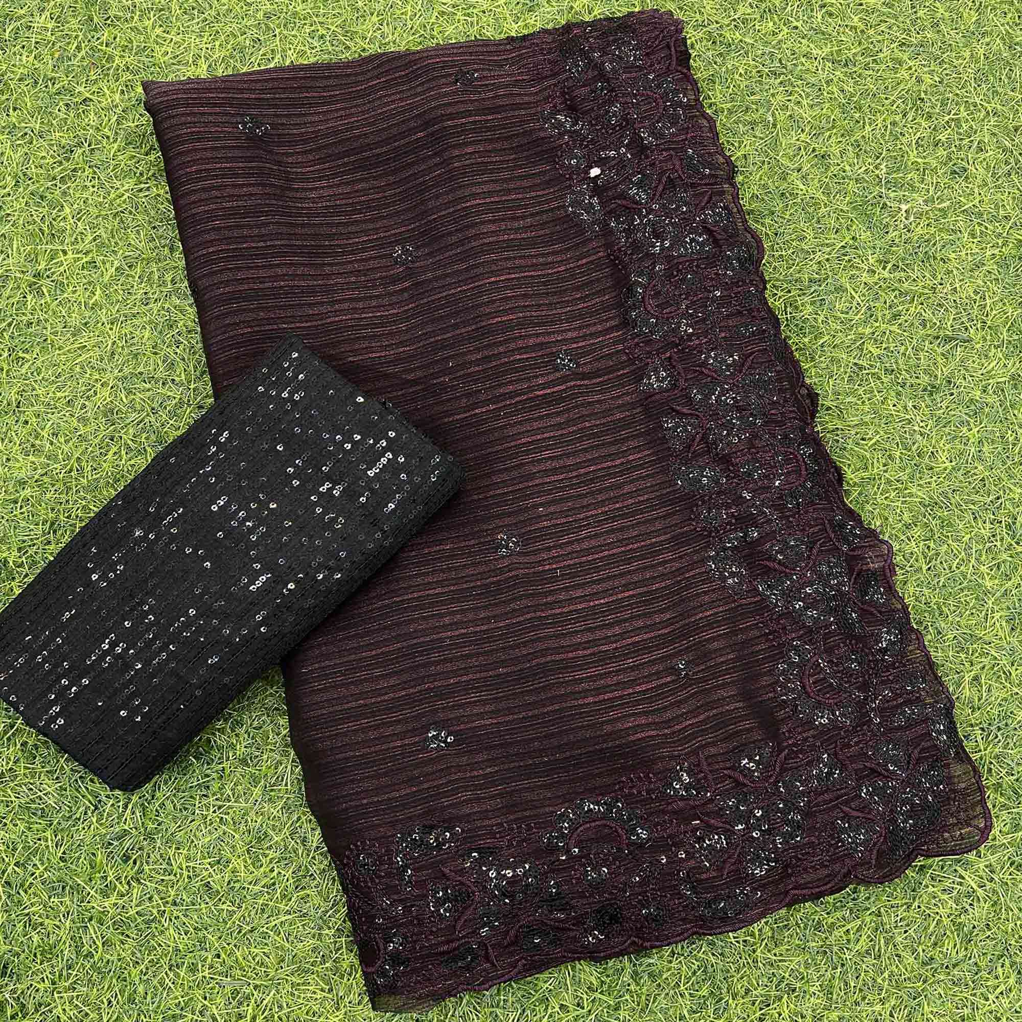 Peachmode Dark Wine Sequins Embroidered Chiffon Saree