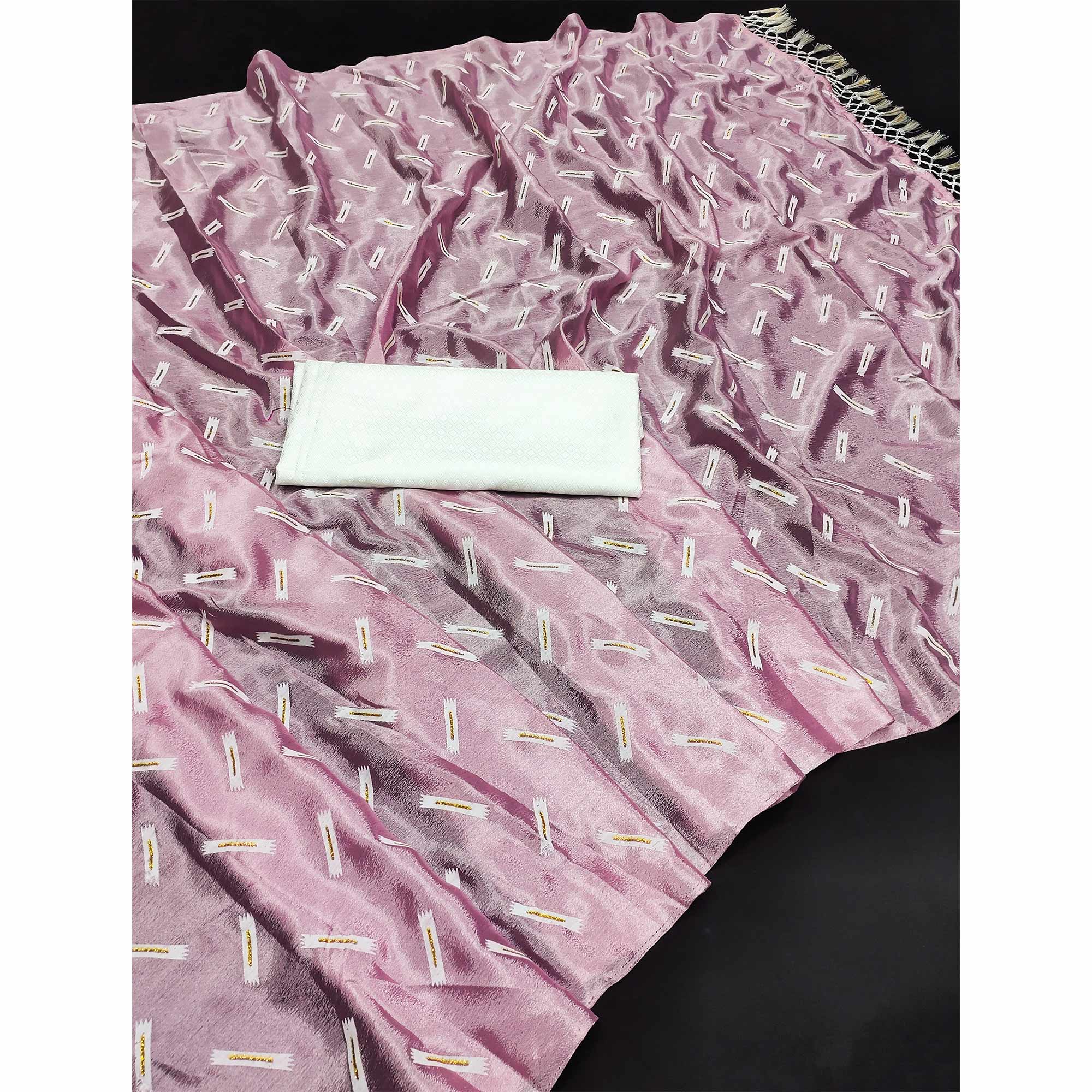 Peachmode Mauve Printed Chiffon Saree With Tassels - view 3