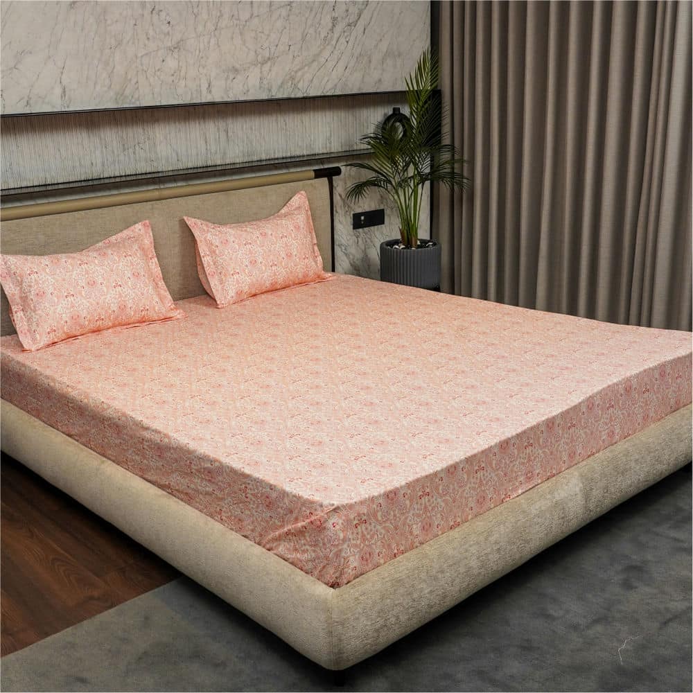 Urban Space -Home Furnishing Store Regal Collection - Breathable 200 TC 100% Pure Cotton Bedsheet with Pillow Cover, Paisley- Peach