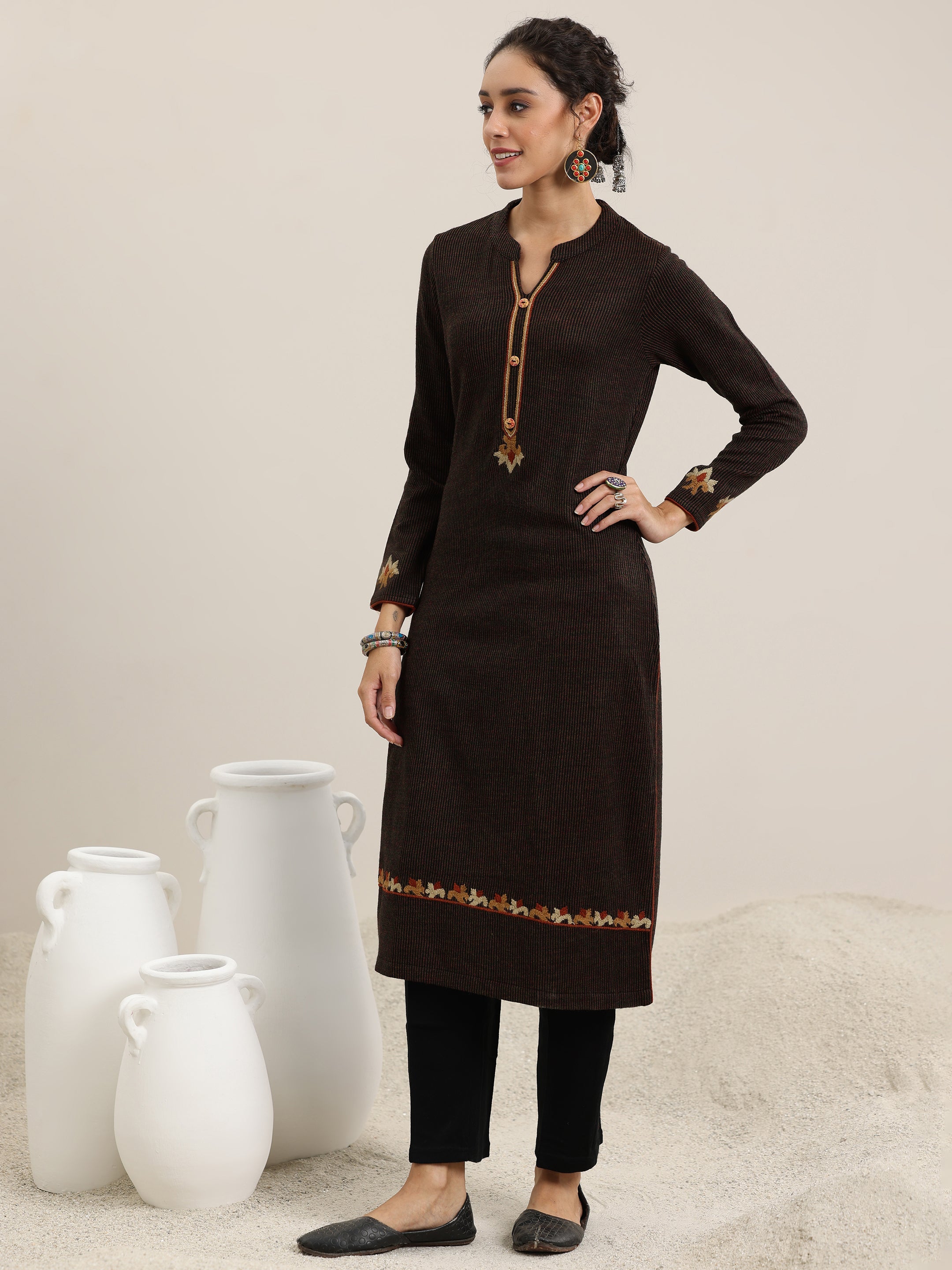 Libas Black Embroidered Wool Straight Kurta - view 2