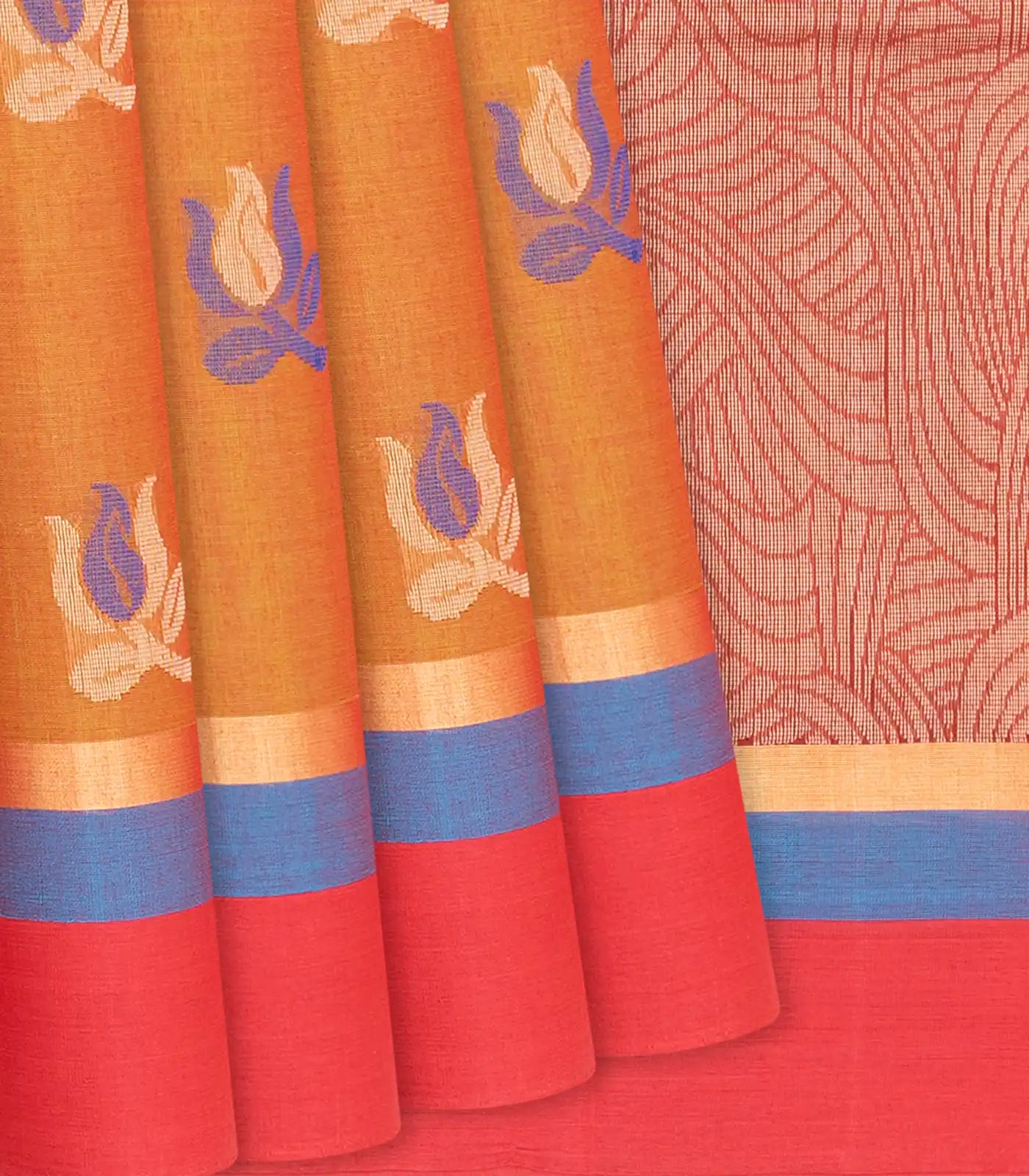 RmKV Rust Handloom Village Cotton Saree With Floral Motifs-Rust