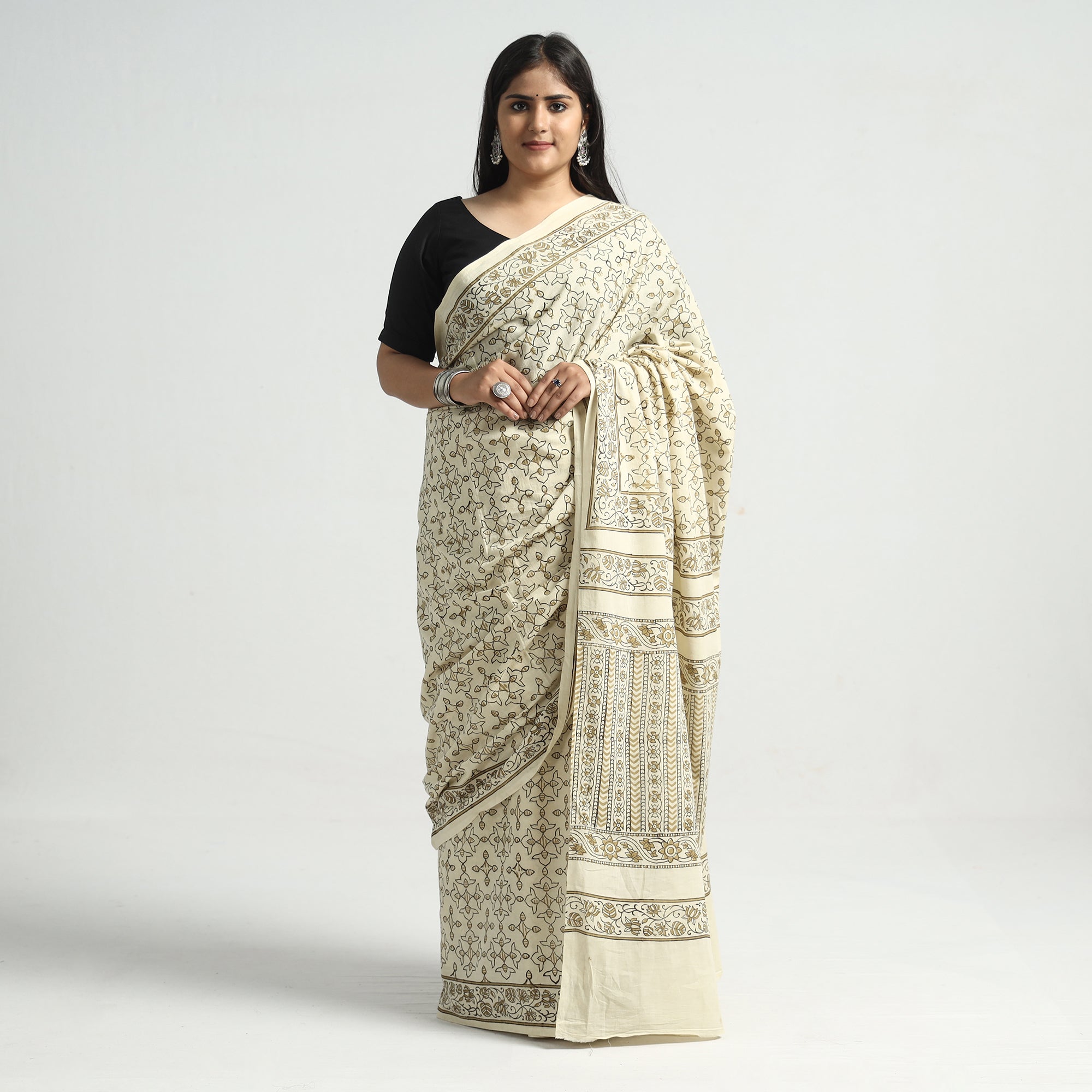 HAVELI CHRONICLES Beige - Akola Hand Block Printed Cotton Saree