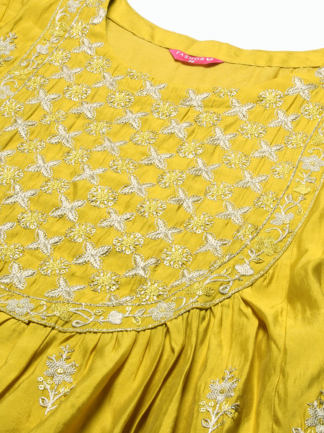 Fashor Ethnic Embroidered A-Line Kurta with Pant & Dupatta - Yellow - view 5
