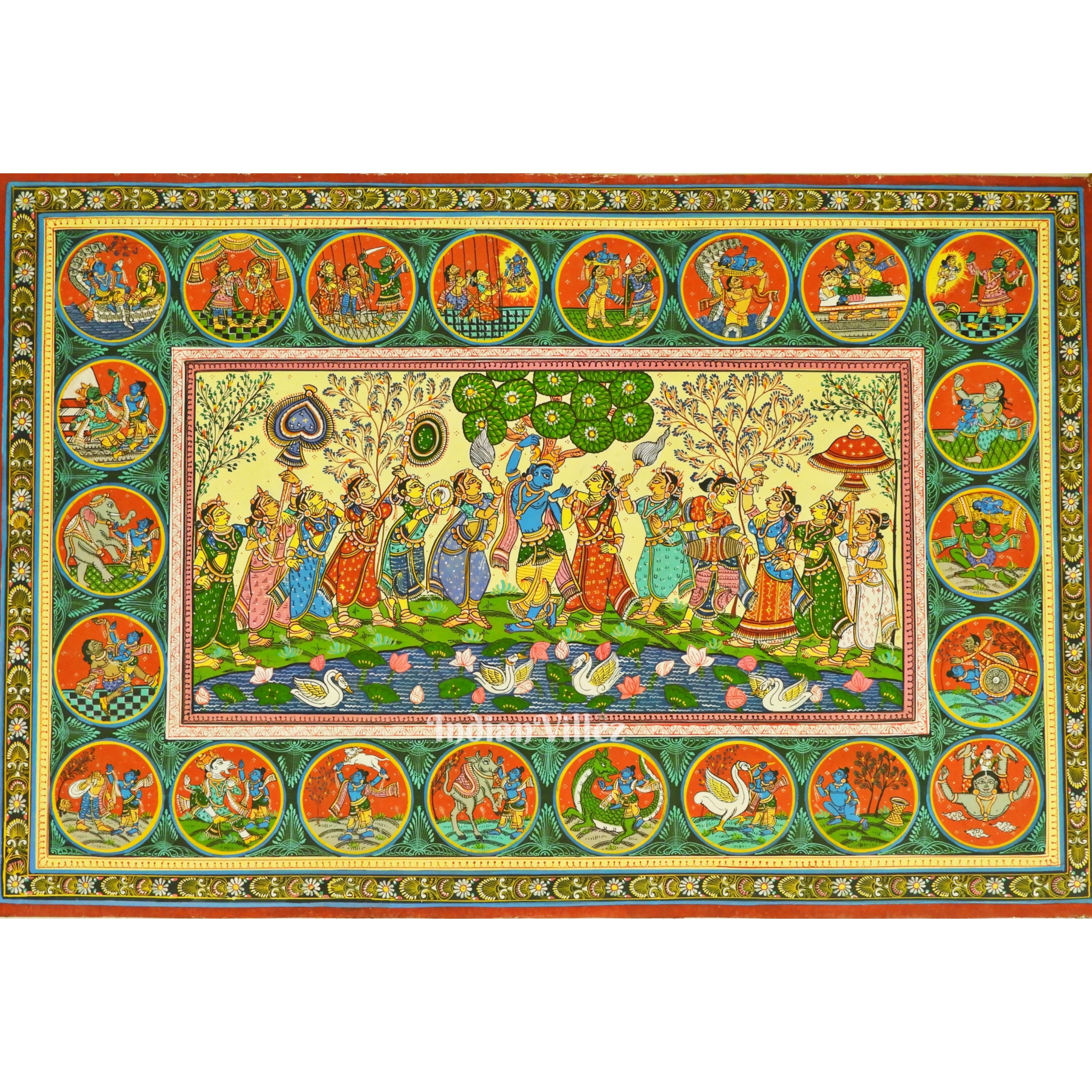 IndianVillèz Shree Krishna Life Story Pattachitra Painting For Home Wall Art Decor